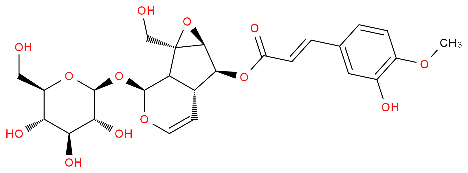 (1S,2S,4S,5S,6R,10S)-2-(hydroxymethyl)-10-{[(2S,3R,4S,5S,6R)-3,4,5-trihydroxy-6-(hydroxymethyl)oxan-2-yl]oxy}-3,9-dioxatricyclo[4.4.0.0<sup>2</sup>,<sup>4</sup>]dec-7-en-5-yl (2E)-3-(3-hydroxy-4-methoxyphenyl)prop-2-enoate_分子结构_CAS_51005-44-8