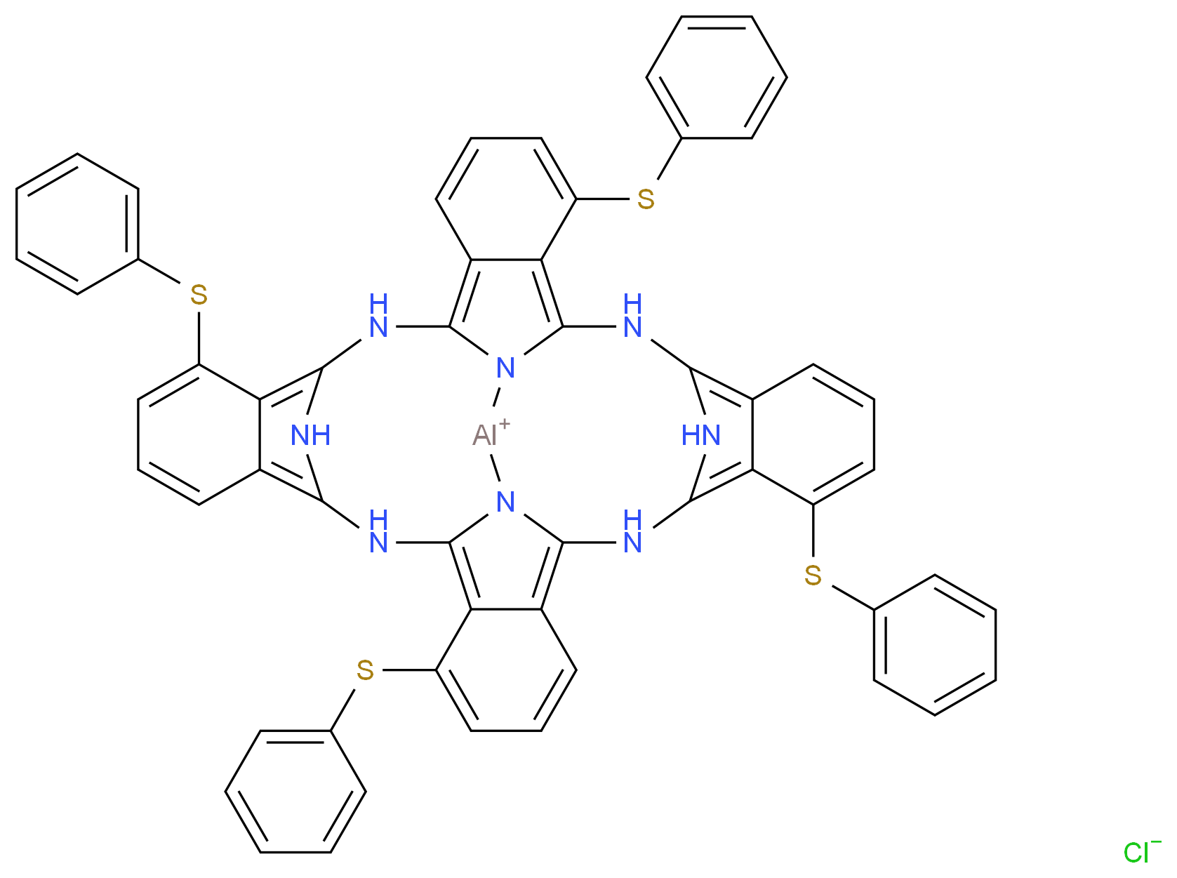 3,12,21,30-tetrakis(phenylsulfanyl)-9,18,27,36,37,39,40,41-octaaza-38-aluminadecacyclo[17.17.3.1<sup>1</sup><sup>0</sup>,<sup>1</sup><sup>7</sup>.1<sup>2</sup><sup>8</sup>,<sup>3</sup><sup>5</sup>.0<sup>2</sup>,<sup>7</sup>.0<sup>8</sup>,<sup>3</sup><sup>7</sup>.0<sup>1</sup><sup>1</sup>,<sup>1</sup><sup>6</sup>.0<sup>2</sup><sup>0</sup>,<sup>2</sup><sup>5</sup>.0<sup>2</sup><sup>6</sup>,<sup>3</sup><sup>9</sup>.0<sup>2</sup><sup>9</sup>,<sup>3</sup><sup>4</sup>]hentetraconta-1,3,5,7,10,12,14,16,19,21,23,25,28,30,32,34-hexadecaen-38-ylium chloride_分子结构_CAS_167093-23-4