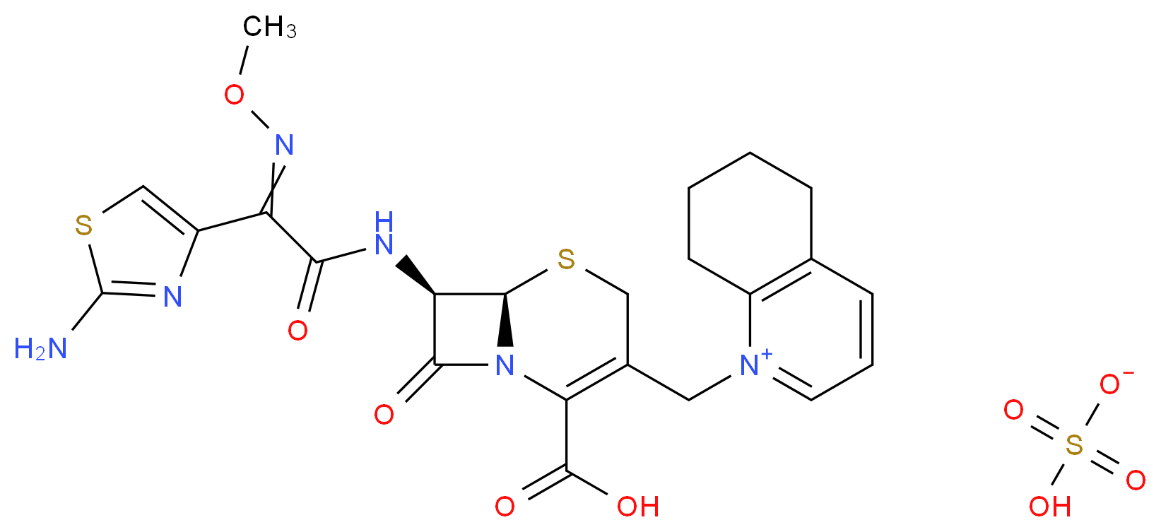 1-{[(6R,7R)-7-[2-(2-amino-1,3-thiazol-4-yl)-2-(methoxyimino)acetamido]-2-carboxy-8-oxo-5-thia-1-azabicyclo[4.2.0]oct-2-en-3-yl]methyl}-5,6,7,8-tetrahydroquinolin-1-ium hydrogen sulfate_分子结构_CAS_118443-89-3