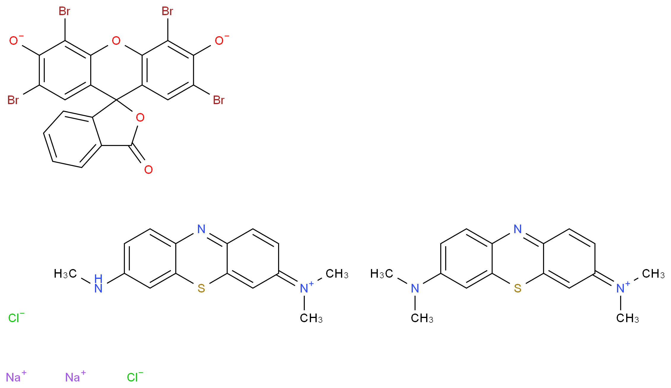 disodium 2',4',5',7'-tetrabromo-3-oxo-3H-spiro[2-benzofuran-1,9'-xanthene]-3',6'-bis(olate) 7-(dimethylamino)-N,N-dimethyl-3H-phenothiazin-3-iminium N,N-dimethyl-7-(methylamino)-3H-phenothiazin-3-iminium dichloride_分子结构_CAS_53092-85-6