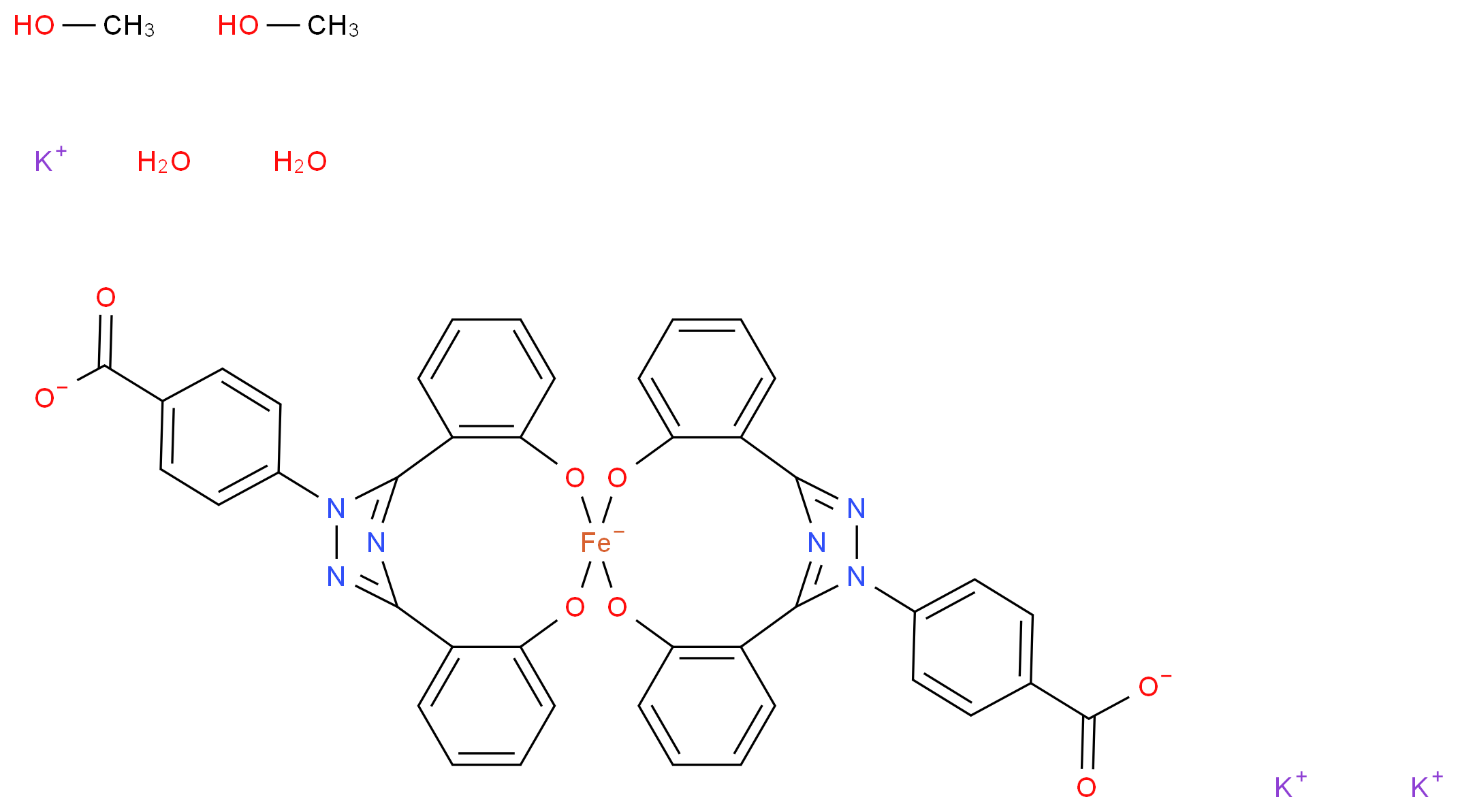 tripotassium 19,19'-bis(4-carboxylatophenyl)-8,8',10,10'-tetraoxa-18,18',19,19',20,20'-hexaaza-9-ferra-9,9'-spirobi[tetracyclo[15.2.1.0<sup>2</sup>,<sup>7</sup>.0<sup>1</sup><sup>1</sup>,<sup>1</sup><sup>6</sup>]icosane]-1(20),1'(20'),2(7),2'(7'),3,3',5,5',11,11',13,13',15,15',17,17'-hexadecaen-9-uide bis(methanol) dihydrate_分子结构_CAS_554445-58-8