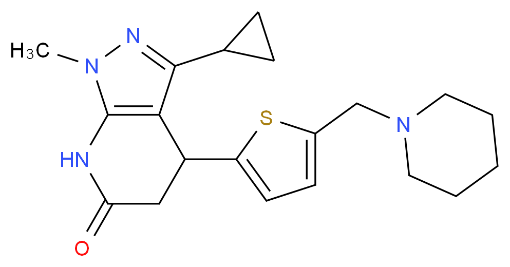 3-cyclopropyl-1-methyl-4-[5-(piperidin-1-ylmethyl)-2-thienyl]-1,4,5,7-tetrahydro-6H-pyrazolo[3,4-b]pyridin-6-one_分子结构_CAS_)