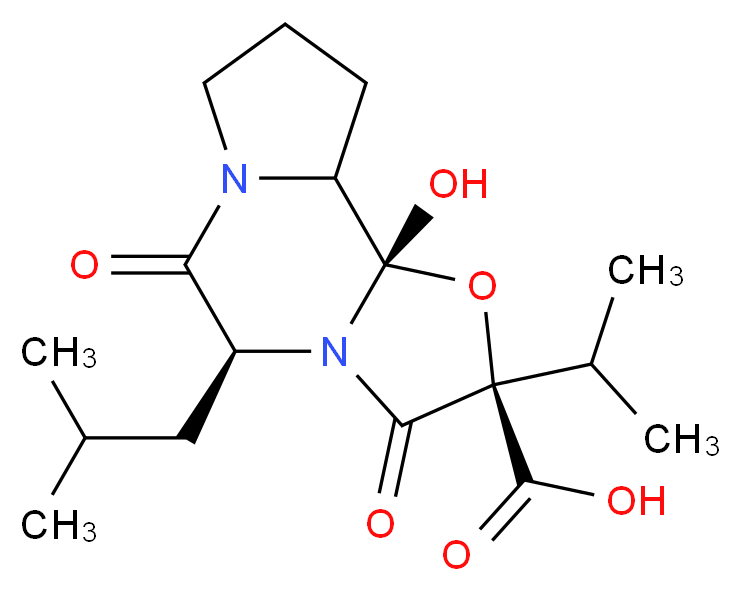 (2R,5S,10aS,10bS)-Octahydro-10b-hydroxy-5-isobutyl-2-isopropyl-3,6-dioxo-8H-oxazolo[3,2-a]pyrrolo[2,1-c]pyrazine-2-carboxylic Acid_分子结构_CAS_24177-07-9)