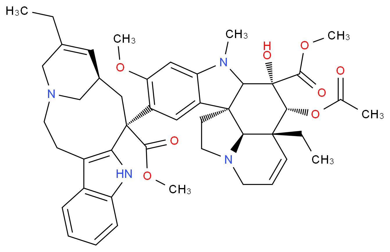methyl (1R,10S,11R,12R,19S)-11-(acetyloxy)-12-ethyl-4-[(13S,15R)-17-ethyl-13-(methoxycarbonyl)-1,11-diazatetracyclo[13.3.1.0<sup>4</sup>,<sup>1</sup><sup>2</sup>.0<sup>5</sup>,<sup>1</sup><sup>0</sup>]nonadeca-4(12),5,7,9,16-pentaen-13-yl]-10-hydroxy-5-methoxy-8-methyl-8,16-diazapentacyclo[10.6.1.0<sup>1</sup>,<sup>9</sup>.0<sup>2</sup>,<sup>7</sup>.0<sup>1</sup><sup>6</sup>,<sup>1</sup><sup>9</sup>]nonadeca-2,4,6,13-tetraene-10-carboxylate_分子结构_CAS_81165-17-5