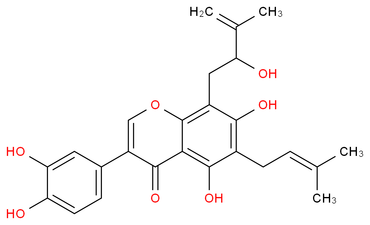 3-(3,4-dihydroxyphenyl)-5,7-dihydroxy-8-(2-hydroxy-3-methylbut-3-en-1-yl)-6-(3-methylbut-2-en-1-yl)-4H-chromen-4-one_分子结构_CAS_874303-34-1