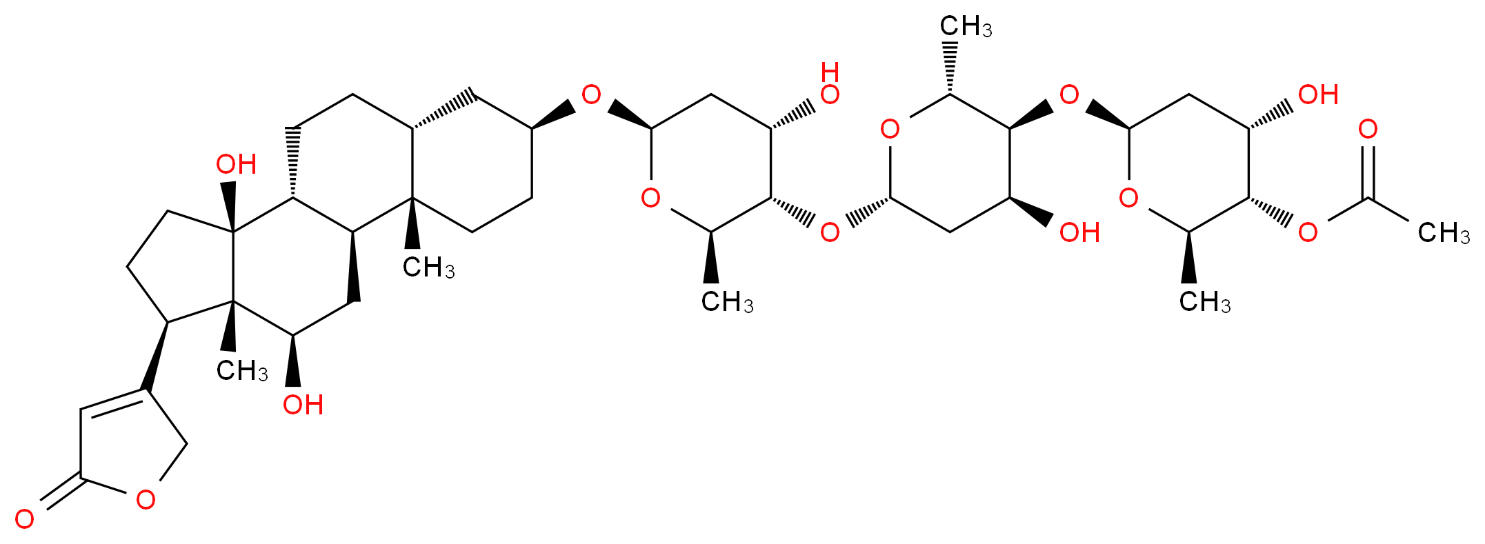 (2R,3S,4S,6S)-6-{[(2R,3S,4S,6S)-6-{[(2R,3S,4S,6R)-6-{[(1S,2S,5S,7R,10R,11S,14R,15S,16R)-11,16-dihydroxy-2,15-dimethyl-14-(5-oxo-2,5-dihydrofuran-3-yl)tetracyclo[8.7.0.0<sup>2</sup>,<sup>7</sup>.0<sup>1</sup><sup>1</sup>,<sup>1</sup><sup>5</sup>]heptadecan-5-yl]oxy}-4-hydroxy-2-methyloxan-3-yl]oxy}-4-hydroxy-2-methyloxan-3-yl]oxy}-4-hydroxy-2-methyloxan-3-yl acetate_分子结构_CAS_5355-48-6