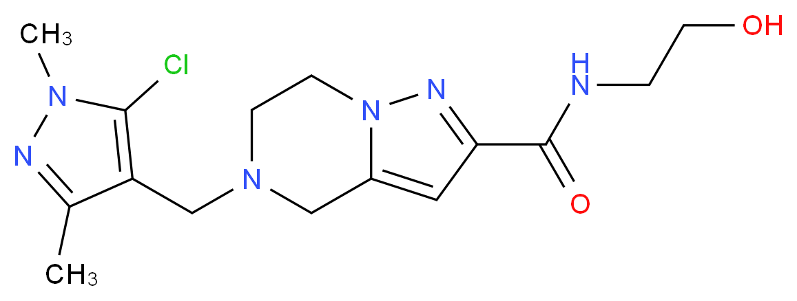 5-[(5-chloro-1,3-dimethyl-1H-pyrazol-4-yl)methyl]-N-(2-hydroxyethyl)-4,5,6,7-tetrahydropyrazolo[1,5-a]pyrazine-2-carboxamide_分子结构_CAS_)