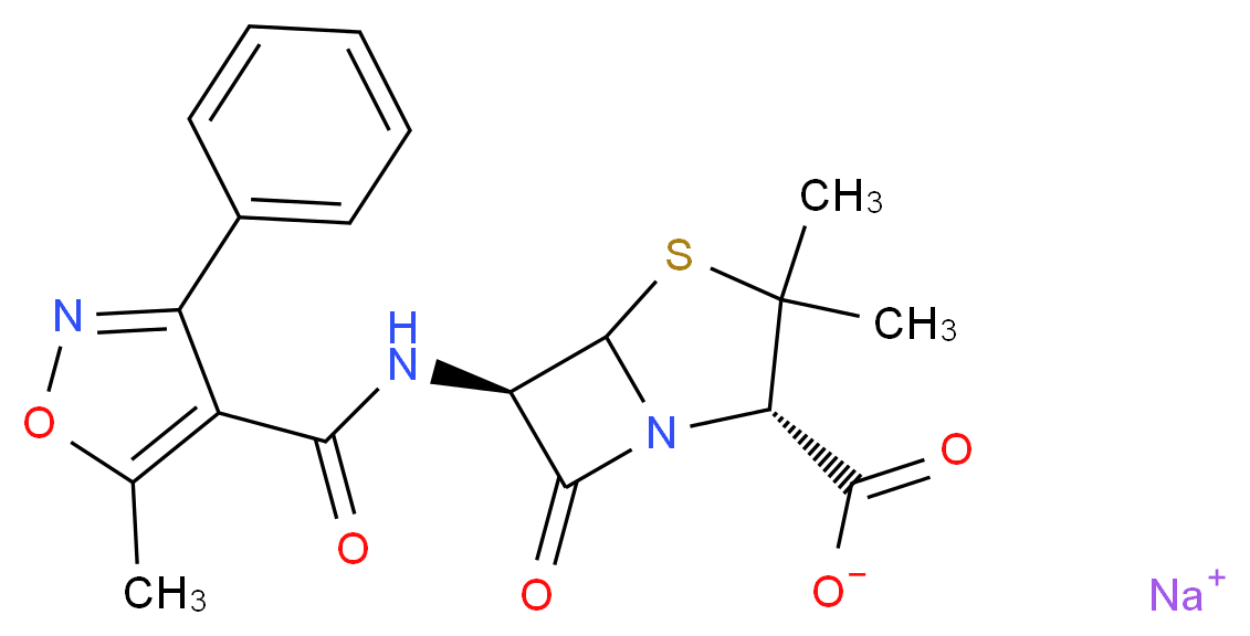 sodium (2S,6R)-3,3-dimethyl-6-(5-methyl-3-phenyl-1,2-oxazole-4-amido)-7-oxo-4-thia-1-azabicyclo[3.2.0]heptane-2-carboxylate_分子结构_CAS_1173-88-2