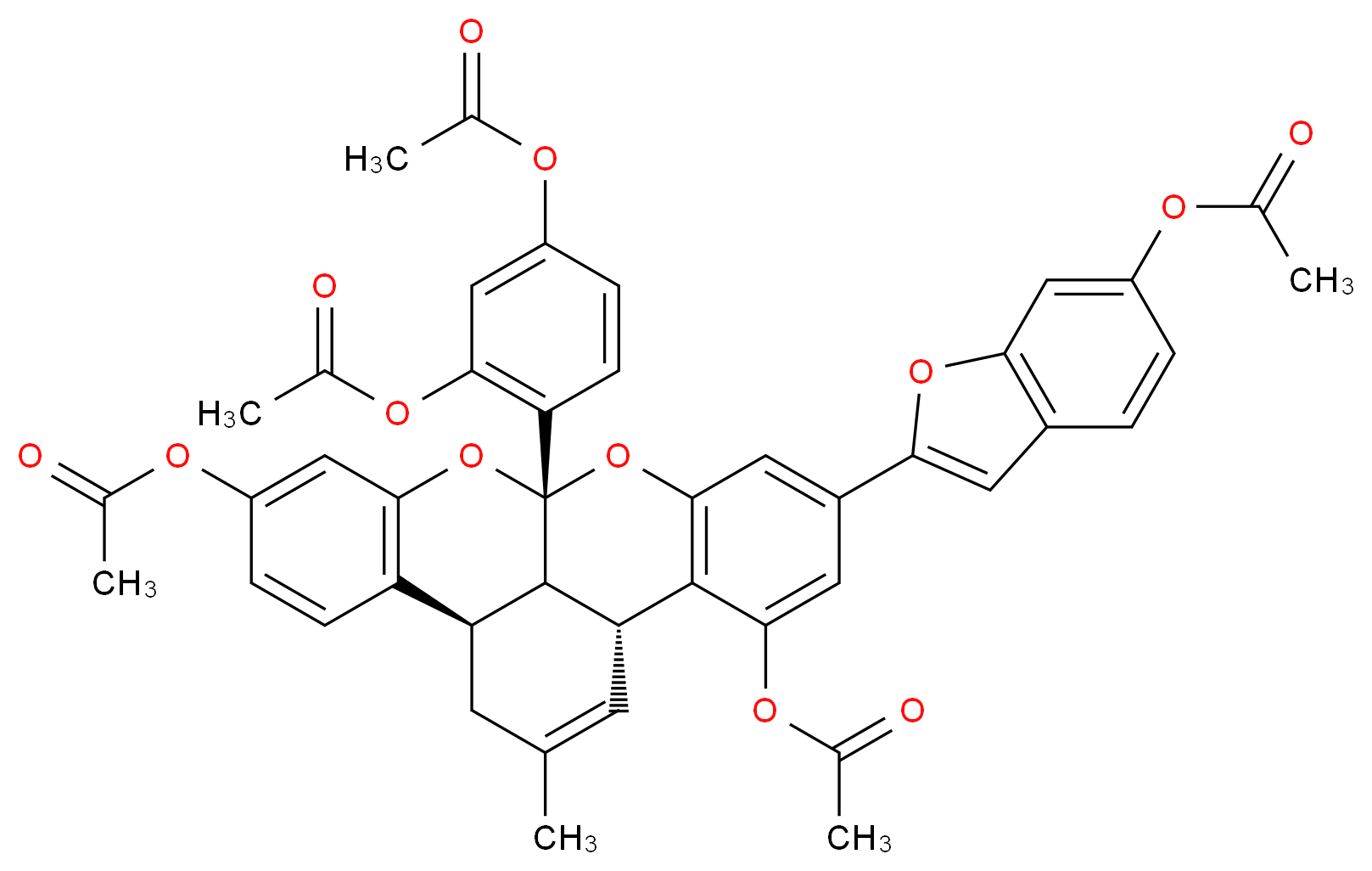 2-[(1S,9R,13R,21S)-7,17-bis(acetyloxy)-1-[2,4-bis(acetyloxy)phenyl]-11-methyl-2,20-dioxapentacyclo[11.7.1.0<sup>3</sup>,<sup>8</sup>.0<sup>9</sup>,<sup>2</sup><sup>1</sup>.0<sup>1</sup><sup>4</sup>,<sup>1</sup><sup>9</sup>]henicosa-3(8),4,6,10,14(19),15,17-heptaen-5-yl]-1-benzofuran-6-yl acetate_分子结构_CAS_99217-75-1