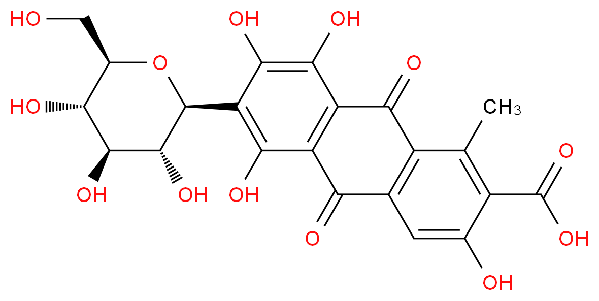 3,5,7,8-tetrahydroxy-1-methyl-9,10-dioxo-6-[(2S,3R,4R,5S,6R)-3,4,5-trihydroxy-6-(hydroxymethyl)oxan-2-yl]-9,10-dihydroanthracene-2-carboxylic acid_分子结构_CAS_1260-17-9