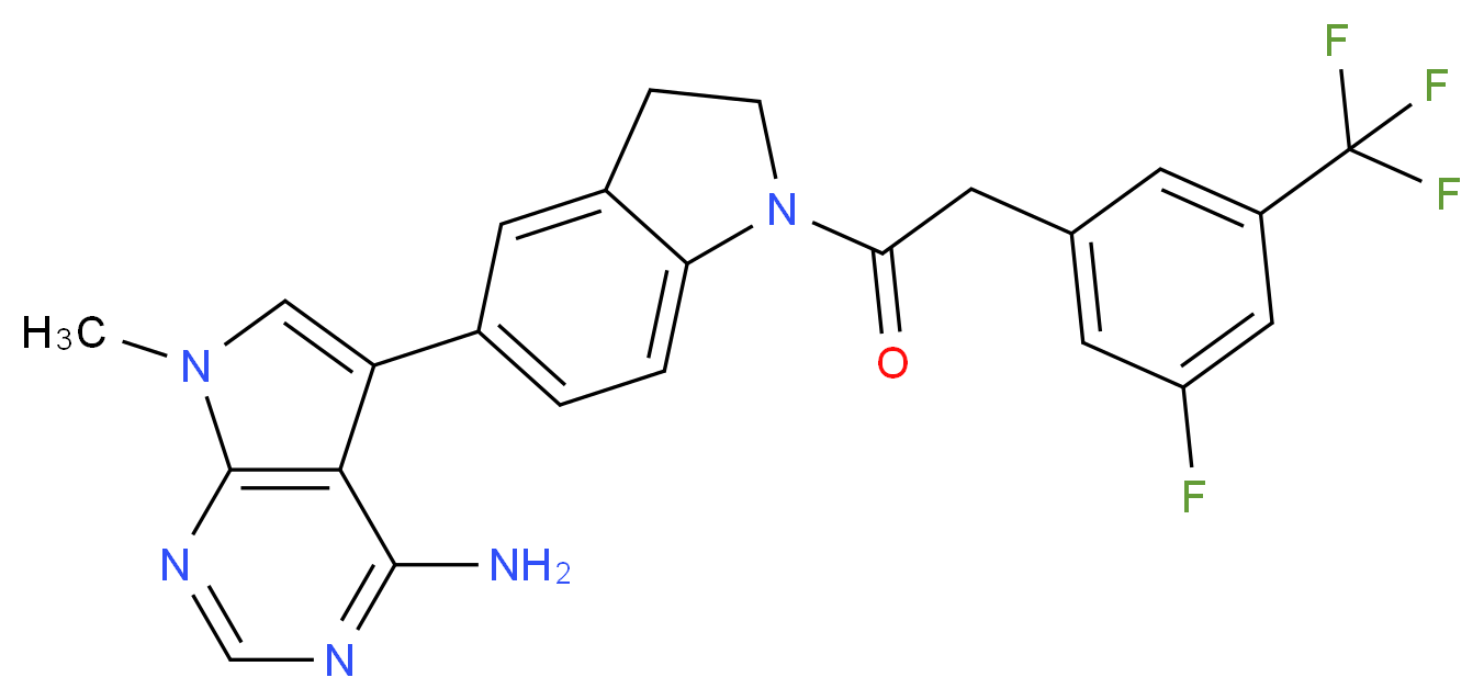 1-(5-{4-amino-7-methyl-7H-pyrrolo[2,3-d]pyrimidin-5-yl}-2,3-dihydro-1H-indol-1-yl)-2-[3-fluoro-5-(trifluoromethyl)phenyl]ethan-1-one_分子结构_CAS_1337531-89-1