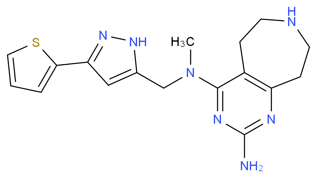 N~4~-methyl-N~4~-{[3-(2-thienyl)-1H-pyrazol-5-yl]methyl}-6,7,8,9-tetrahydro-5H-pyrimido[4,5-d]azepine-2,4-diamine_分子结构_CAS_)