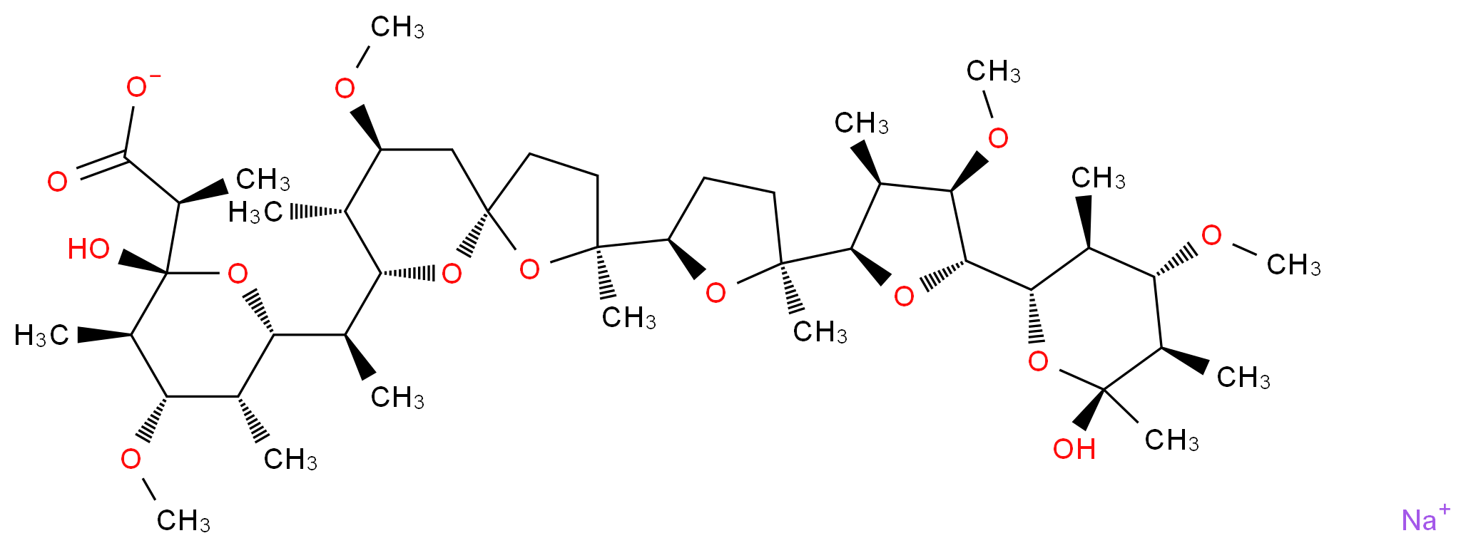 sodium (2S)-2-[(2R,3R,4S,5R,6S)-2-hydroxy-6-[(1S)-1-[(2S,5R,7S,8R,9S)-2-[(2R,5S)-5-[(2R,3S,4R,5R)-5-[(2S,3S,4S,5R,6S)-6-hydroxy-4-methoxy-3,5,6-trimethyloxan-2-yl]-4-methoxy-3-methyloxolan-2-yl]-5-methyloxolan-2-yl]-9-methoxy-2,8-dimethyl-1,6-dioxaspiro[4.5]decan-7-yl]ethyl]-4-methoxy-3,5-dimethyloxan-2-yl]propanoate_分子结构_CAS_58845-80-0