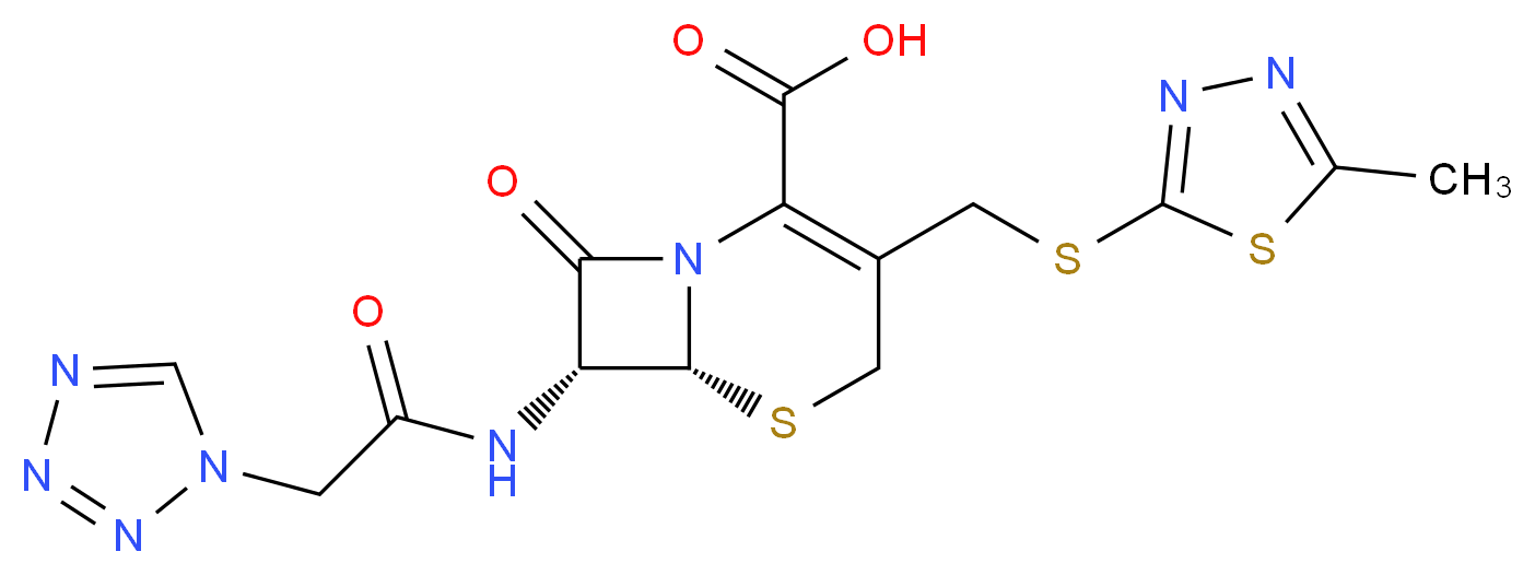 (6R,7R)-3-{[(5-methyl-1,3,4-thiadiazol-2-yl)sulfanyl]methyl}-8-oxo-7-[2-(1H-1,2,3,4-tetrazol-1-yl)acetamido]-5-thia-1-azabicyclo[4.2.0]oct-2-ene-2-carboxylic acid_分子结构_CAS_25953-19-9