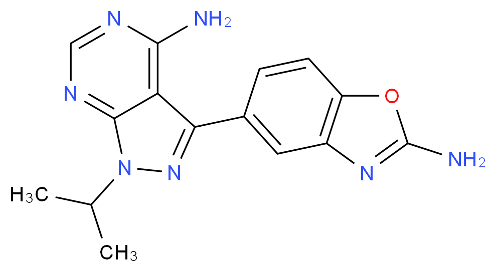 5-[4-amino-1-(propan-2-yl)-1H-pyrazolo[3,4-d]pyrimidin-3-yl]-1,3-benzoxazol-2-amine_分子结构_CAS_1224844-38-5