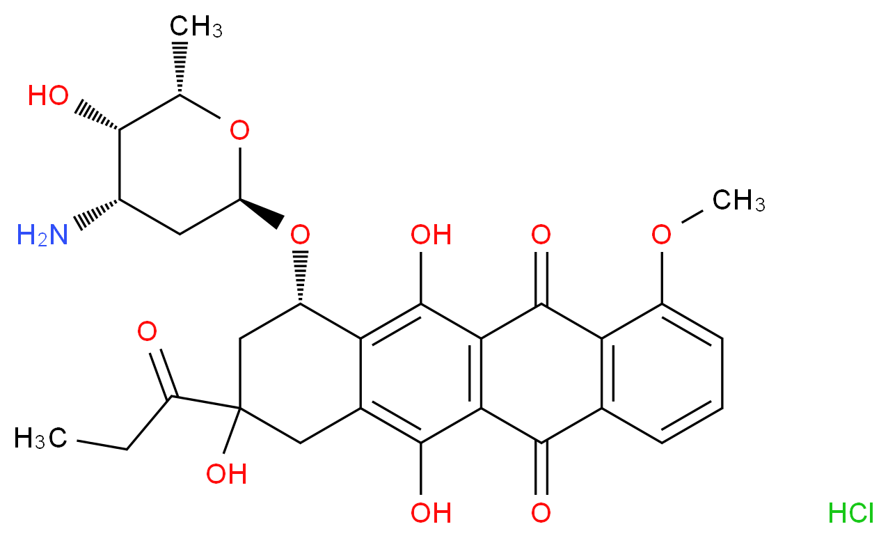 (10S)-10-{[(2R,4S,5S,6S)-4-amino-5-hydroxy-6-methyloxan-2-yl]oxy}-6,8,11-trihydroxy-1-methoxy-8-propanoyl-5,7,8,9,10,12-hexahydrotetracene-5,12-dione hydrochloride_分子结构_CAS_68674-19-1