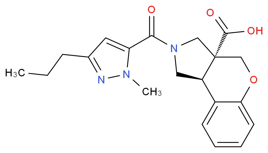 (3aR*,9bR*)-2-[(1-methyl-3-propyl-1H-pyrazol-5-yl)carbonyl]-1,2,3,9b-tetrahydrochromeno[3,4-c]pyrrole-3a(4H)-carboxylic acid_分子结构_CAS_)