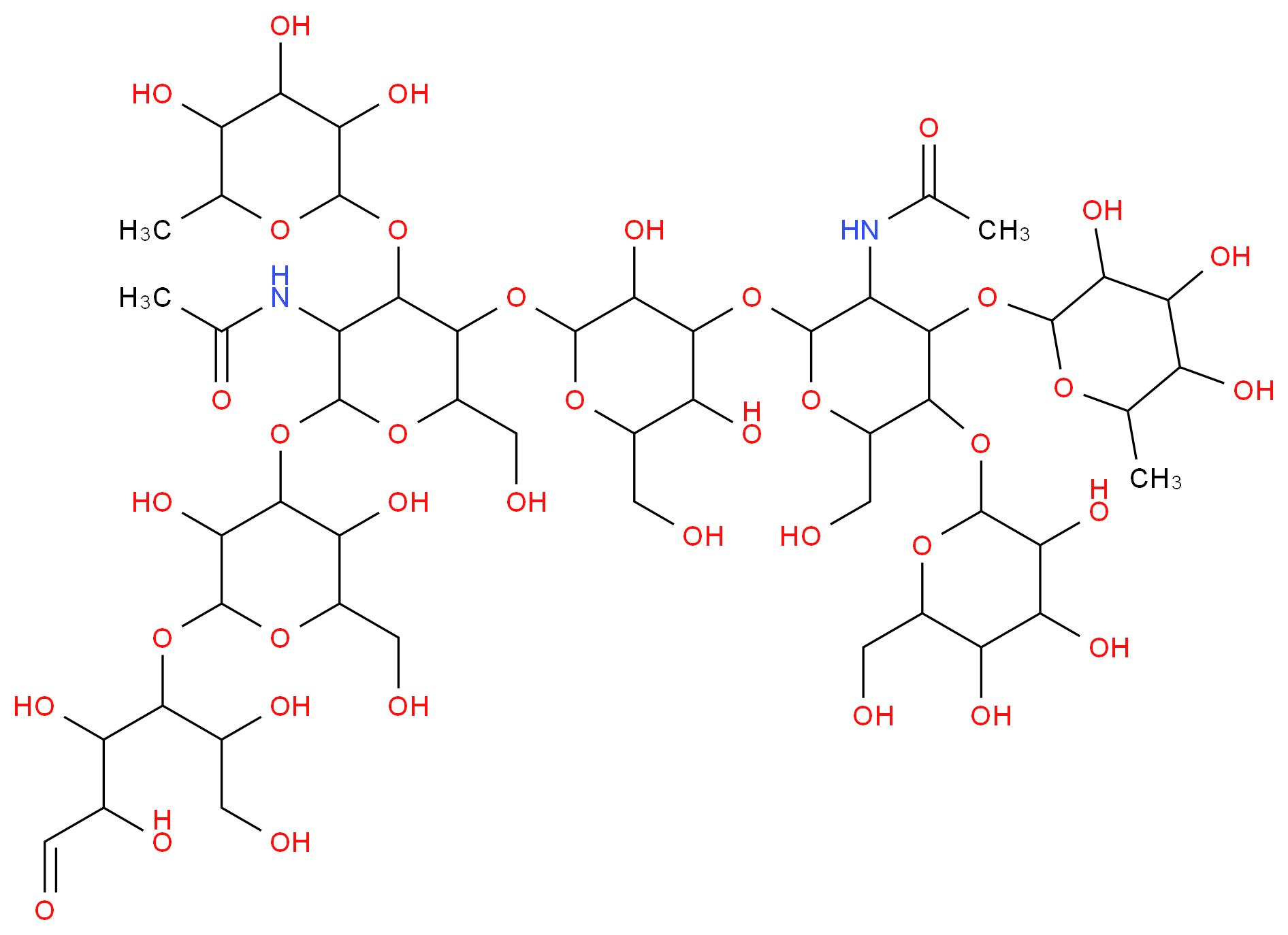 N-[2-({2-[(6-{[3,5-dihydroxy-2-(hydroxymethyl)-6-[(1,2,4,5-tetrahydroxy-6-oxohexan-3-yl)oxy]oxan-4-yl]oxy}-5-acetamido-2-(hydroxymethyl)-4-[(3,4,5-trihydroxy-6-methyloxan-2-yl)oxy]oxan-3-yl)oxy]-3,5-dihydroxy-6-(hydroxymethyl)oxan-4-yl}oxy)-6-(hydroxymethyl)-5-{[3,4,5-trihydroxy-6-(hydroxymethyl)oxan-2-yl]oxy}-4-[(3,4,5-trihydroxy-6-methyloxan-2-yl)oxy]oxan-3-yl]acetamide_分子结构_CAS_64396-27-6