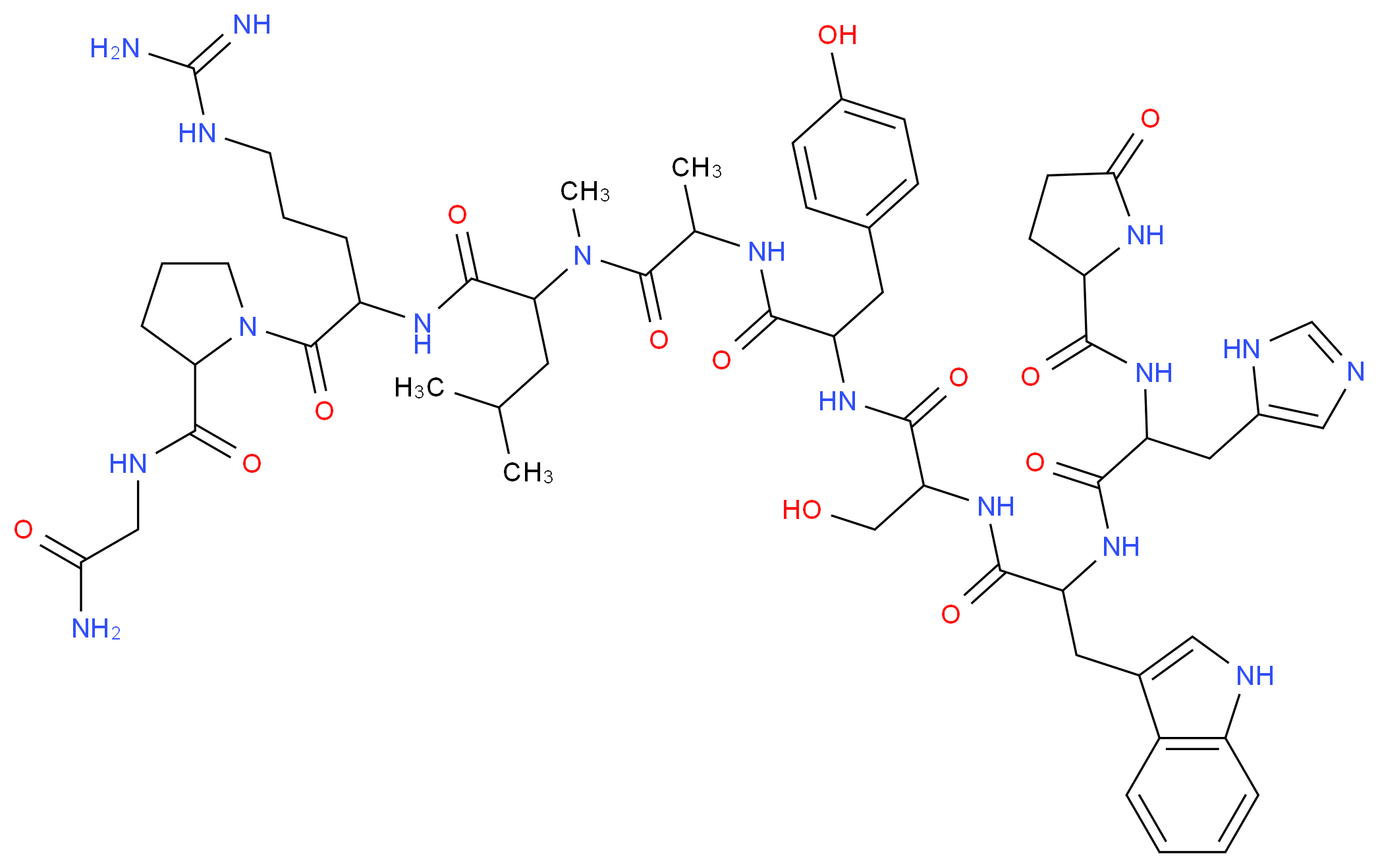 N-(5-carbamimidamido-1-{2-[(carbamoylmethyl)carbamoyl]pyrrolidin-1-yl}-1-oxopentan-2-yl)-2-{2-[2-(3-hydroxy-2-{2-[3-(1H-imidazol-5-yl)-2-[(5-oxopyrrolidin-2-yl)formamido]propanamido]-3-(1H-indol-3-yl)propanamido}propanamido)-3-(4-hydroxyphenyl)propanamido]-N-methylpropanamido}-4-methylpentanamide_分子结构_CAS_56133-95-0