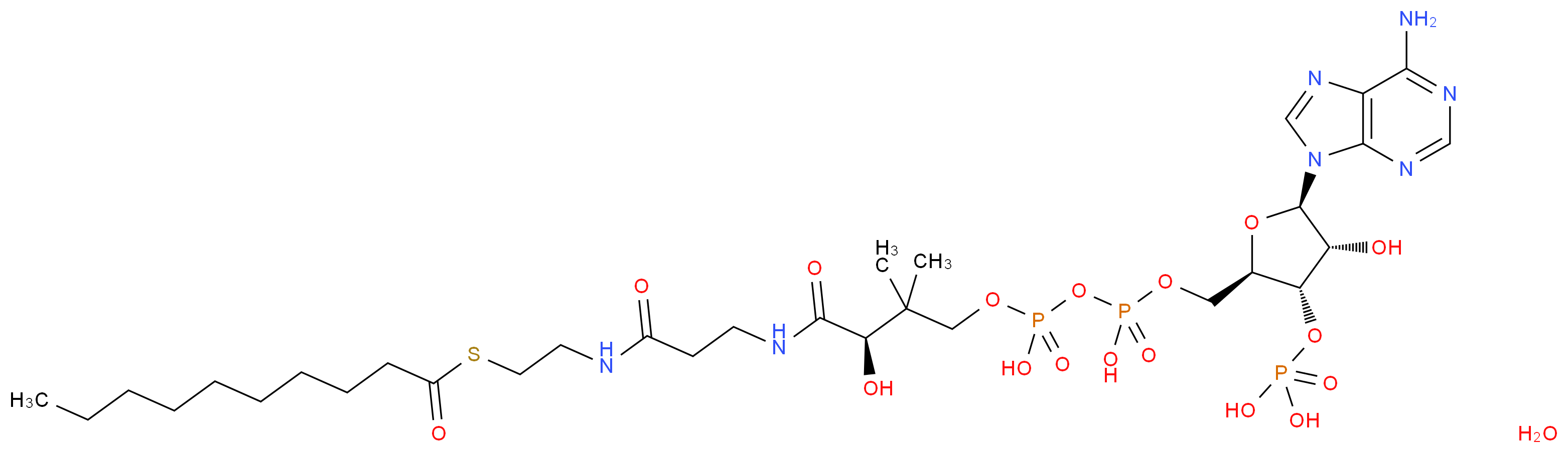 {[(2R,3S,4R,5R)-5-(6-amino-9H-purin-9-yl)-2-({[({[(3R)-3-[(2-{[2-(decanoylsulfanyl)ethyl]carbamoyl}ethyl)carbamoyl]-3-hydroxy-2,2-dimethylpropoxy](hydroxy)phosphoryl}oxy)(hydroxy)phosphoryl]oxy}methyl)-4-hydroxyoxolan-3-yl]oxy}phosphonic acid hydrate_分子结构_CAS_1264-57-9