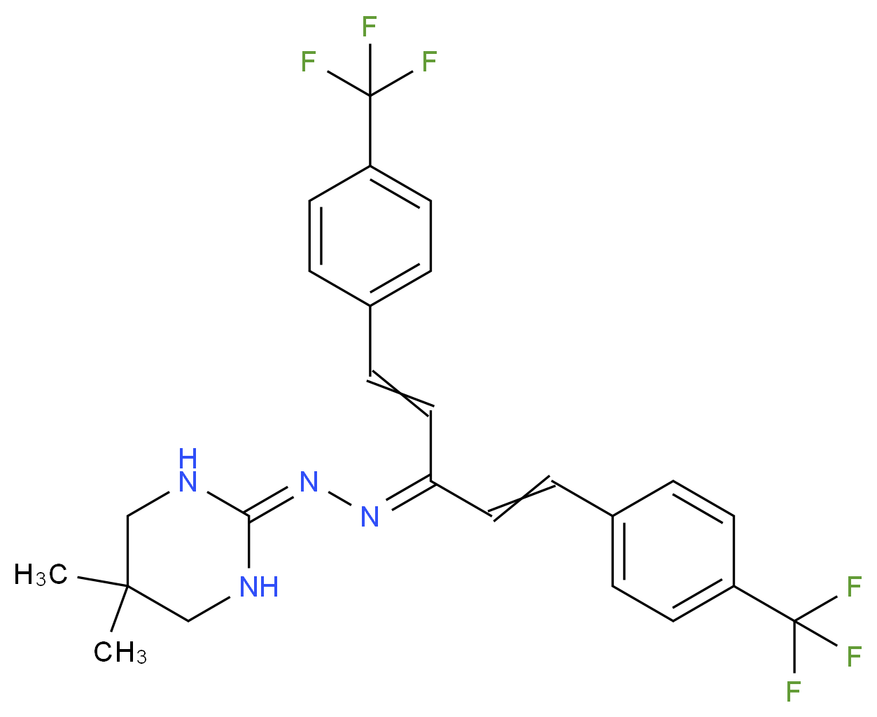 2-(2-{1,5-bis[4-(trifluoromethyl)phenyl]penta-1,4-dien-3-ylidene}hydrazin-1-ylidene)-5,5-dimethyl-1,3-diazinane_分子结构_CAS_67485-29-4