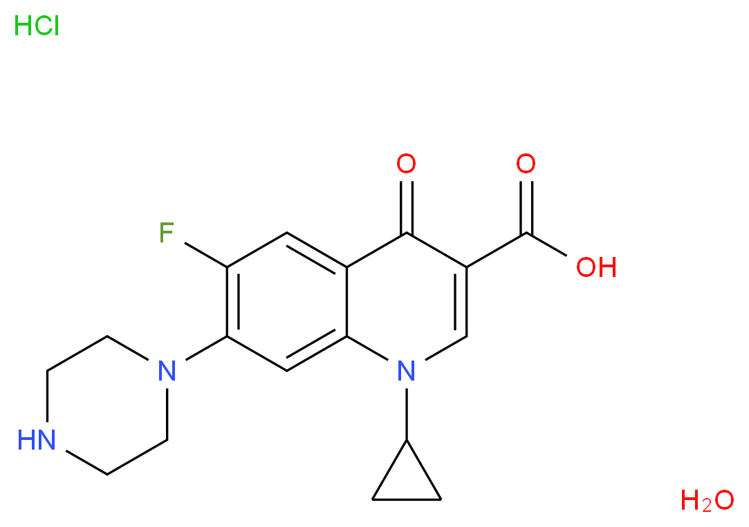 1-cyclopropyl-6-fluoro-4-oxo-7-(piperazin-1-yl)-1,4-dihydroquinoline-3-carboxylic acid hydrate hydrochloride_分子结构_CAS_86393-32-0