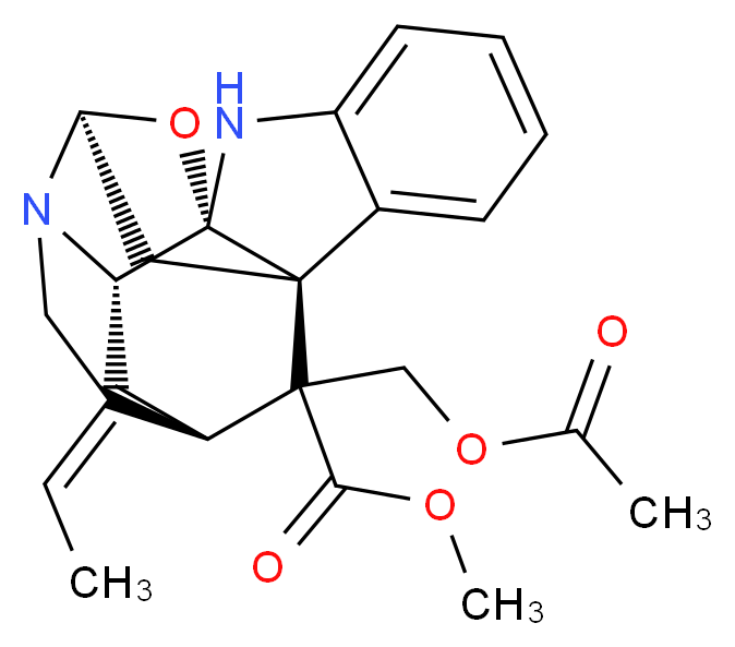 methyl (1R,9S,11S,14E,15R,17S)-19-[(acetyloxy)methyl]-14-ethylidene-18-oxa-2,12-diazahexacyclo[9.6.1.1<sup>9</sup>,<sup>1</sup><sup>5</sup>.0<sup>1</sup>,<sup>9</sup>.0<sup>3</sup>,<sup>8</sup>.0<sup>1</sup><sup>2</sup>,<sup>1</sup><sup>7</sup>]nonadeca-3,5,7-triene-19-carboxylate_分子结构_CAS_2671-32-1