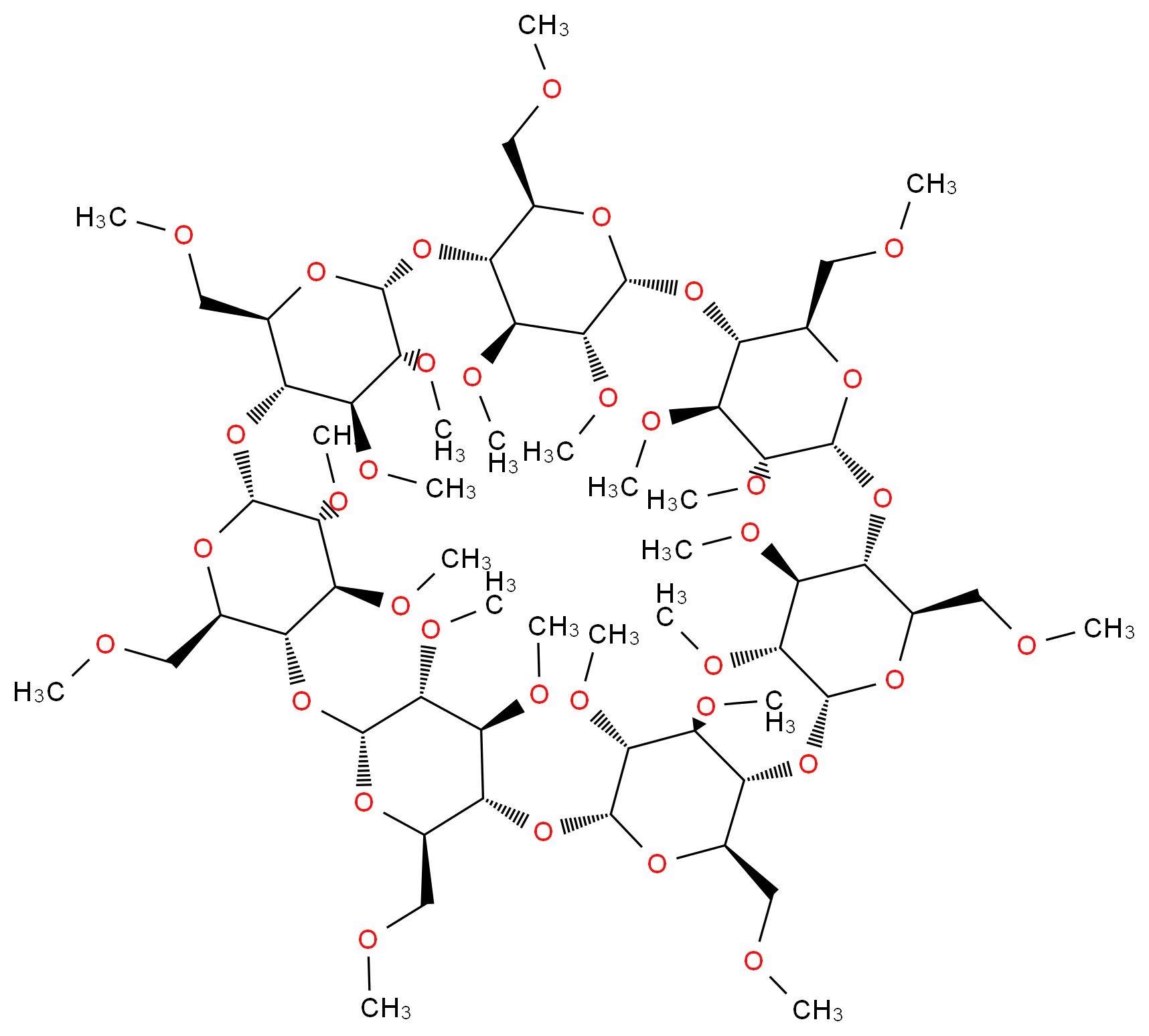 (1R,3R,5R,6R,8R,10R,11R,13R,15R,16R,18R,20R,21R,23R,25R,26R,28R,30R,31R,33R,35R,36S,37R,38S,39R,40S,41R,42S,43R,44S,45R,46S,47R,48S,49R)-36,37,38,39,40,41,42,43,44,45,46,47,48,49-tetradecamethoxy-5,10,15,20,25,30,35-heptakis(methoxymethyl)-2,4,7,9,12,14,17,19,22,24,27,29,32,34-tetradecaoxaoctacyclo[31.2.2.2<sup>3</sup>,<sup>6</sup>.2<sup>8</sup>,<sup>1</sup><sup>1</sup>.2<sup>1</sup><sup>3</sup>,<sup>1</sup><sup>6</sup>.2<sup>1</sup><sup>8</sup>,<sup>2</sup><sup>1</sup>.2<sup>2</sup><sup>3</sup>,<sup>2</sup><sup>6</sup>.2<sup>2</sup><sup>8</sup>,<sup>3</sup><sup>1</sup>]nonatetracontane_分子结构_CAS_55216-11-0