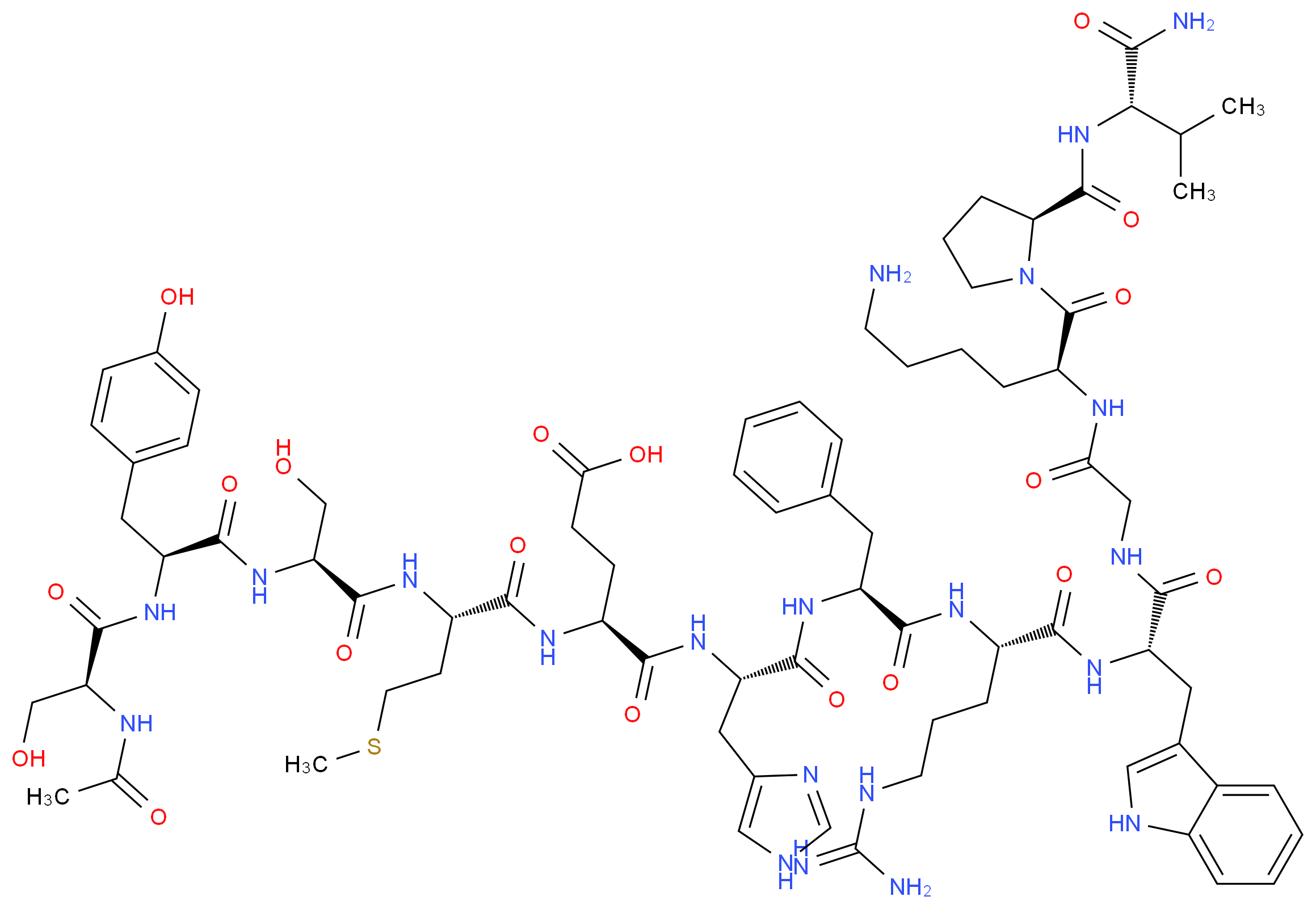 (4S)-4-{[(1S)-1-{[(1S)-1-{[(1S)-1-{[(1S)-1-[({[(2S)-6-amino-1-[(2S)-2-{[(1S)-1-carbamoyl-2-methylpropyl]carbamoyl}pyrrolidin-1-yl]-1-oxohexan-2-yl]carbamoyl}methyl)carbamoyl]-2-(1H-indol-3-yl)ethyl]carbamoyl}-4-carbamimidamidobutyl]carbamoyl}-2-phenylethyl]carbamoyl}-2-(1H-imidazol-4-yl)ethyl]carbamoyl}-4-[(2S)-2-[(2S)-2-[(2S)-2-[(2S)-2-acetamido-3-hydroxypropanamido]-3-(4-hydroxyphenyl)propanamido]-3-hydroxypropanamido]-4-(methylsulfanyl)butanamido]butanoic acid_分子结构_CAS_581-05-5