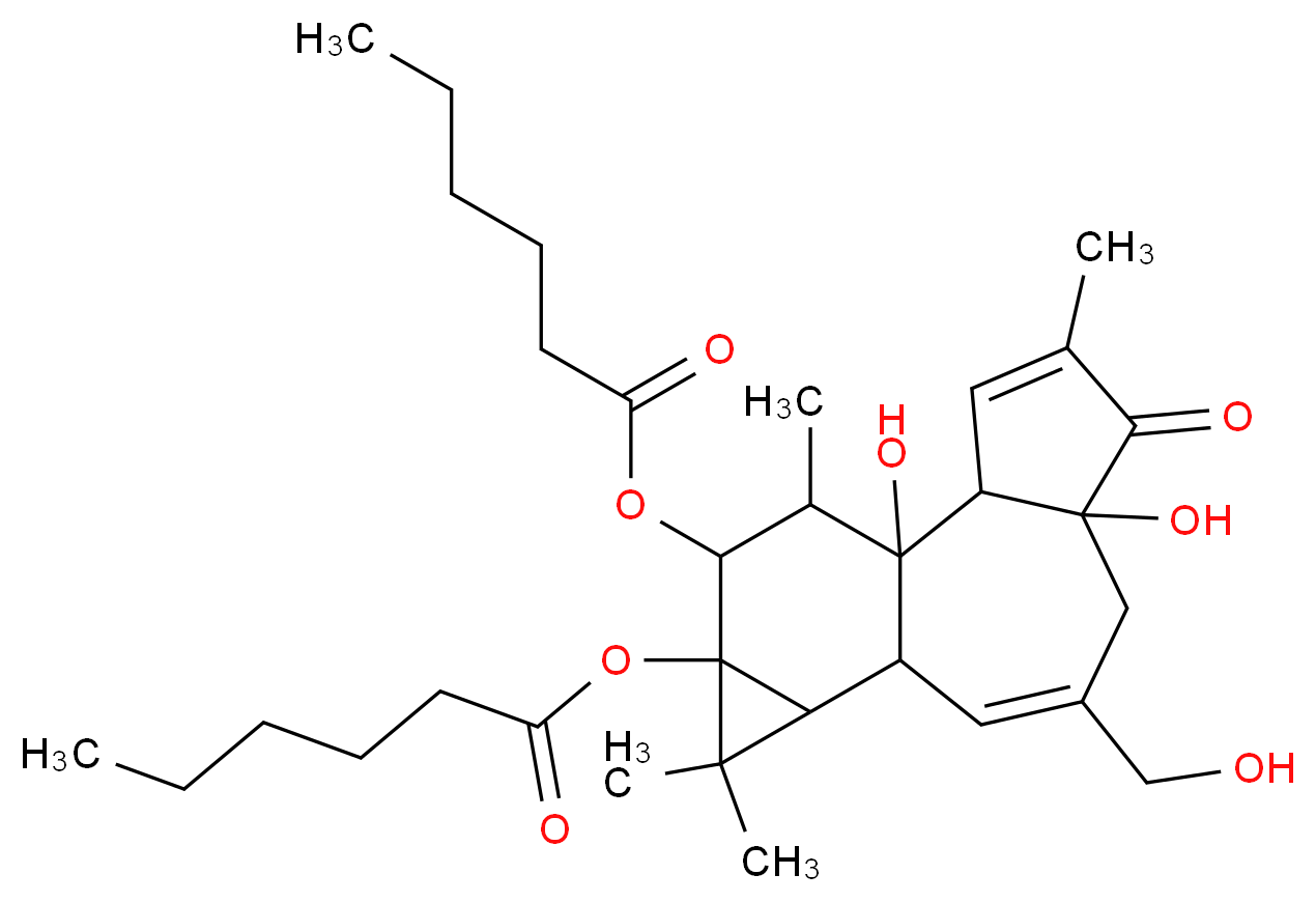 14-(hexanoyloxy)-1,6-dihydroxy-8-(hydroxymethyl)-4,12,12,15-tetramethyl-5-oxotetracyclo[8.5.0.0^{2,6}.0^{11,13}]pentadeca-3,8-dien-13-yl hexanoate_分子结构_CAS_37558-17-1