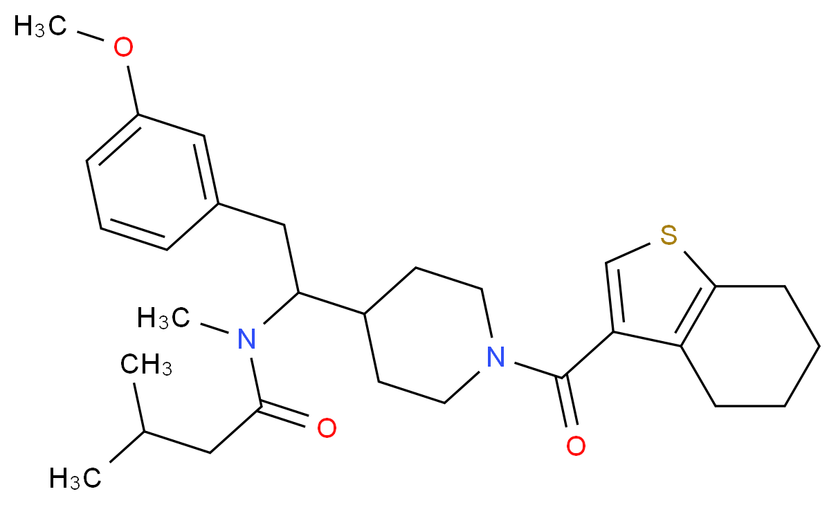 N-{2-(3-methoxyphenyl)-1-[1-(4,5,6,7-tetrahydro-1-benzothien-3-ylcarbonyl)-4-piperidinyl]ethyl}-N,3-dimethylbutanamide_分子结构_CAS_)