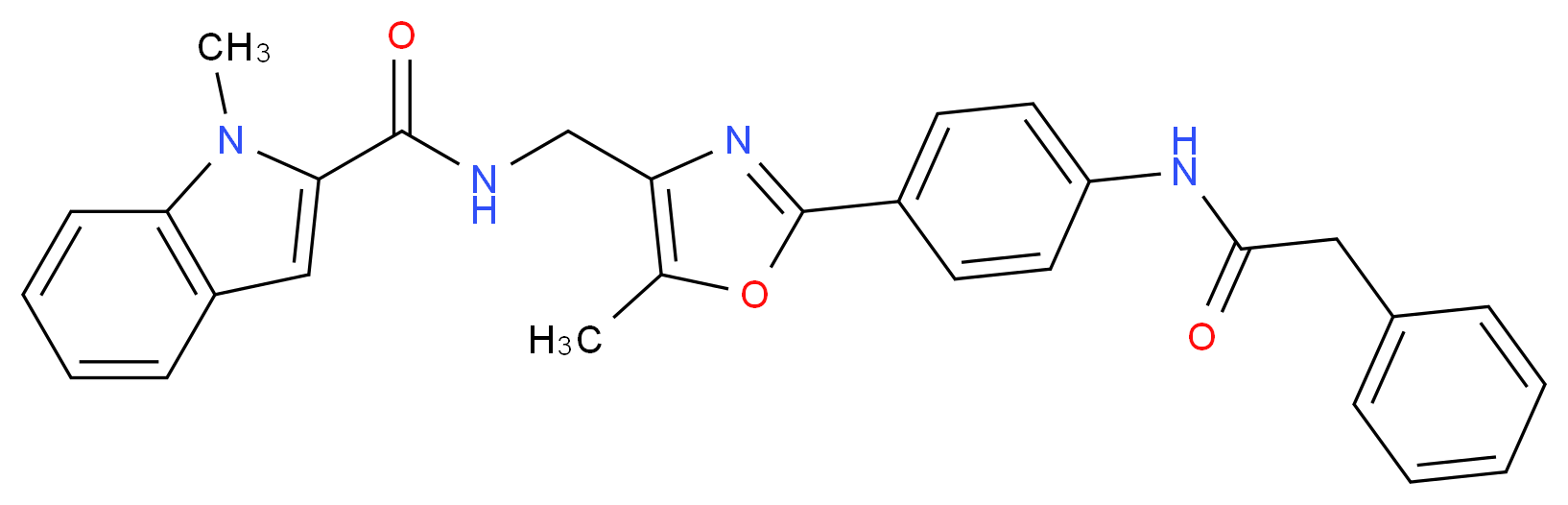 1-methyl-N-[(5-methyl-2-{4-[(phenylacetyl)amino]phenyl}-1,3-oxazol-4-yl)methyl]-1H-indole-2-carboxamide_分子结构_CAS_)
