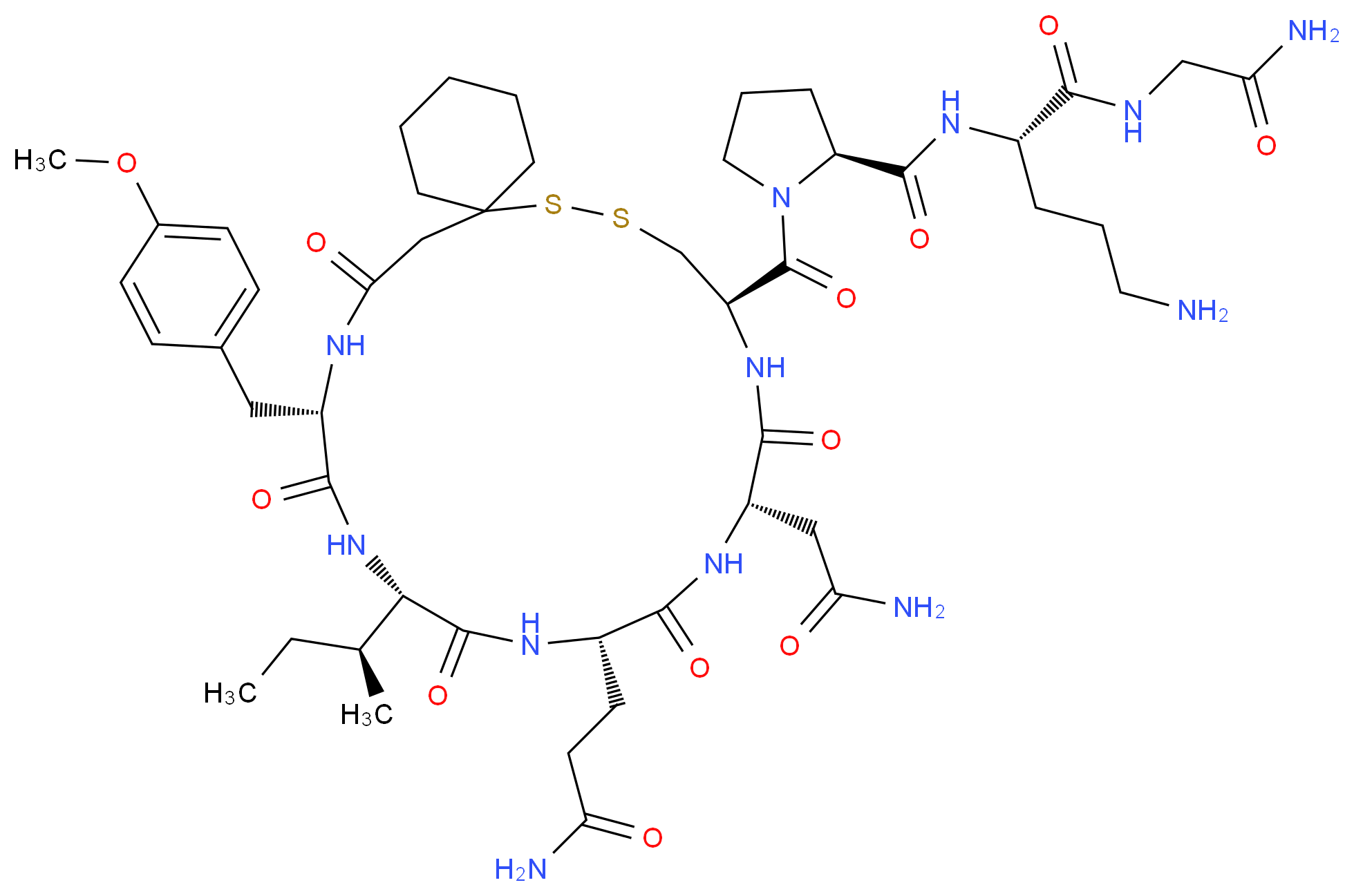(2S)-5-amino-2-{[(2S)-1-[(10R,13S,16S,19S,22S)-19-[(2S)-butan-2-yl]-16-(2-carbamoylethyl)-13-(carbamoylmethyl)-22-[(4-methoxyphenyl)methyl]-12,15,18,21,24-pentaoxo-7,8-dithia-11,14,17,20,23-pentaazaspiro[5.19]pentacosane-10-carbonyl]pyrrolidin-2-yl]formamido}-N-(carbamoylmethyl)pentanamide_分子结构_CAS_77327-45-8