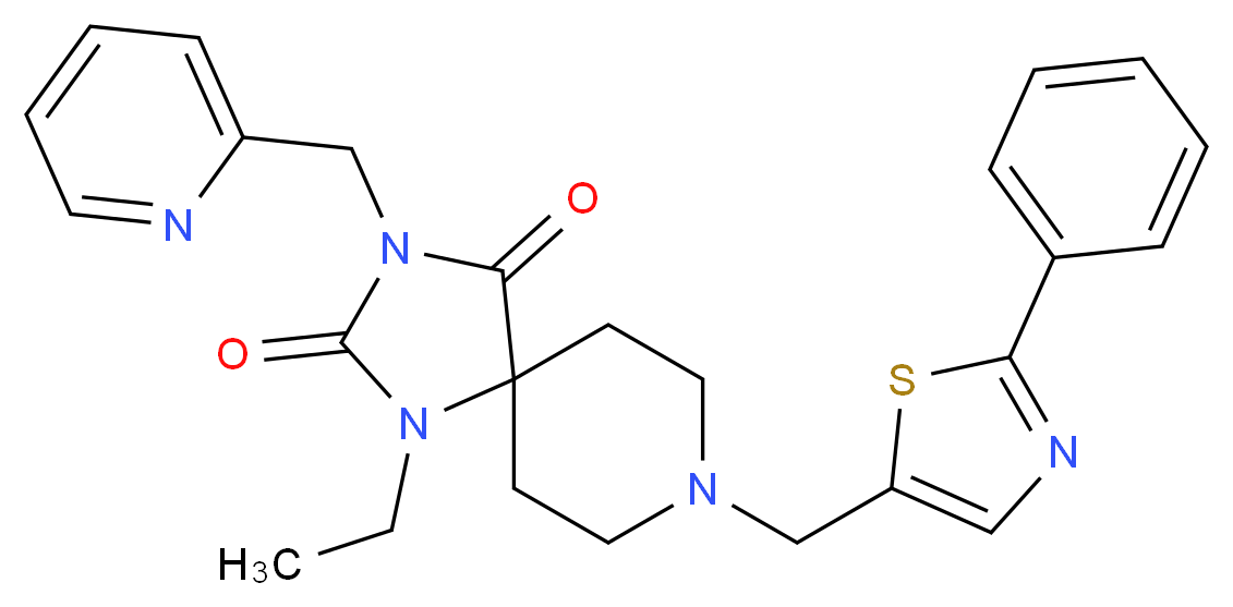 1-ethyl-8-[(2-phenyl-1,3-thiazol-5-yl)methyl]-3-(2-pyridinylmethyl)-1,3,8-triazaspiro[4.5]decane-2,4-dione_分子结构_CAS_)