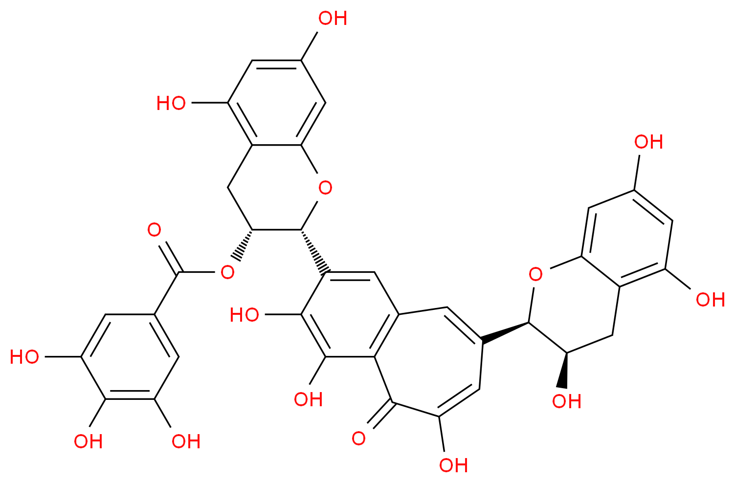 (2R,3R)-5,7-dihydroxy-2-{3,4,6-trihydroxy-5-oxo-8-[(2R,3R)-3,5,7-trihydroxy-3,4-dihydro-2H-1-benzopyran-2-yl]-5H-benzo[7]annulen-2-yl}-3,4-dihydro-2H-1-benzopyran-3-yl 3,4,5-trihydroxybenzoate_分子结构_CAS_28543-07-9