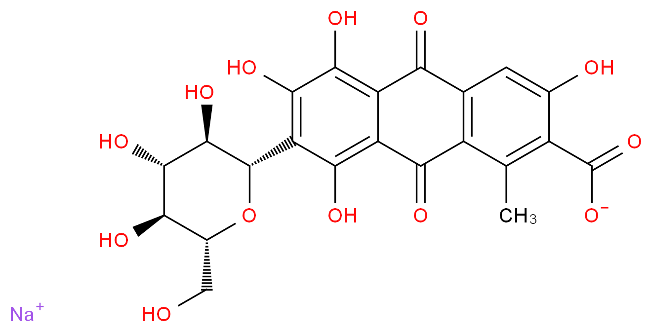 sodium 3,5,6,8-tetrahydroxy-1-methyl-9,10-dioxo-7-[(2S,3R,4R,5S,6R)-3,4,5-trihydroxy-6-(hydroxymethyl)oxan-2-yl]-9,10-dihydroanthracene-2-carboxylate_分子结构_CAS_64536-02-3