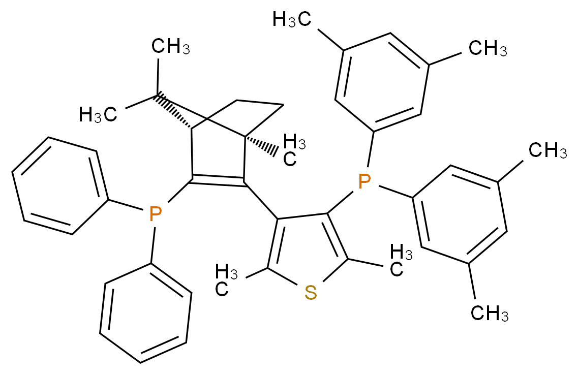 (+)-{4-[(1R,4S)-3-(二苯基膦基)-1,7,7-三甲基二环[2.2.1]庚-2-烯-2-基]-2,5-二甲基-3-噻吩并-3-基}二(3,5-二甲基苯基)膦_分子结构_CAS_868851-50-7)