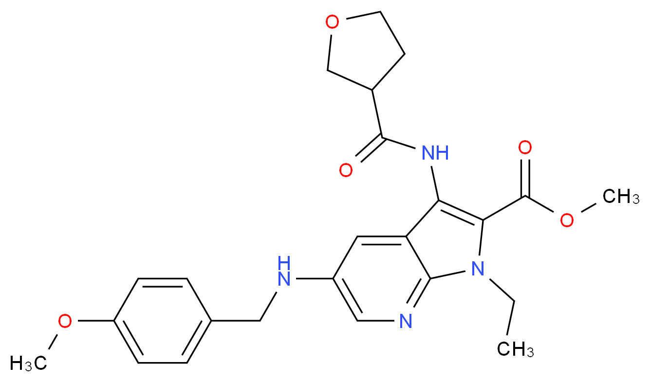 methyl 1-ethyl-5-[(4-methoxybenzyl)amino]-3-[(tetrahydro-3-furanylcarbonyl)amino]-1H-pyrrolo[2,3-b]pyridine-2-carboxylate_分子结构_CAS_)