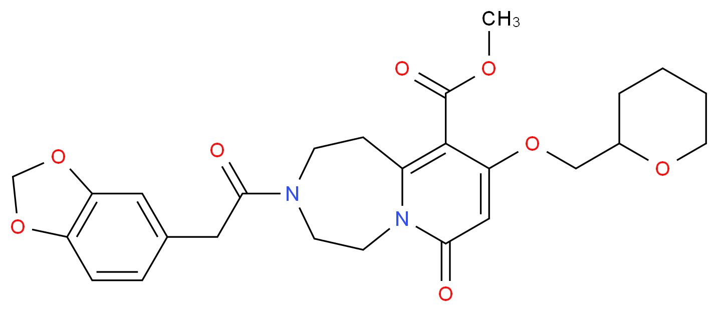 methyl 3-(1,3-benzodioxol-5-ylacetyl)-7-oxo-9-(tetrahydro-2H-pyran-2-ylmethoxy)-1,2,3,4,5,7-hexahydropyrido[1,2-d][1,4]diazepine-10-carboxylate_分子结构_CAS_)