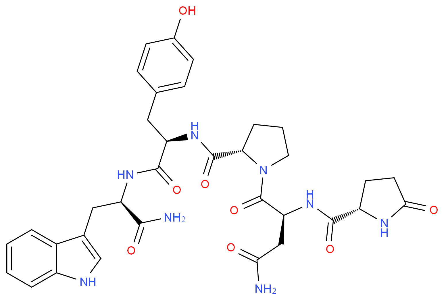 (3S)-4-[(2S)-2-{[(1R)-1-{[(1R)-1-carbamoyl-2-(1H-indol-3-yl)ethyl]carbamoyl}-2-(4-hydroxyphenyl)ethyl]carbamoyl}pyrrolidin-1-yl]-4-oxo-3-{[(2S)-5-oxopyrrolidin-2-yl]formamido}butanamide_分子结构_CAS_882400-49-9
