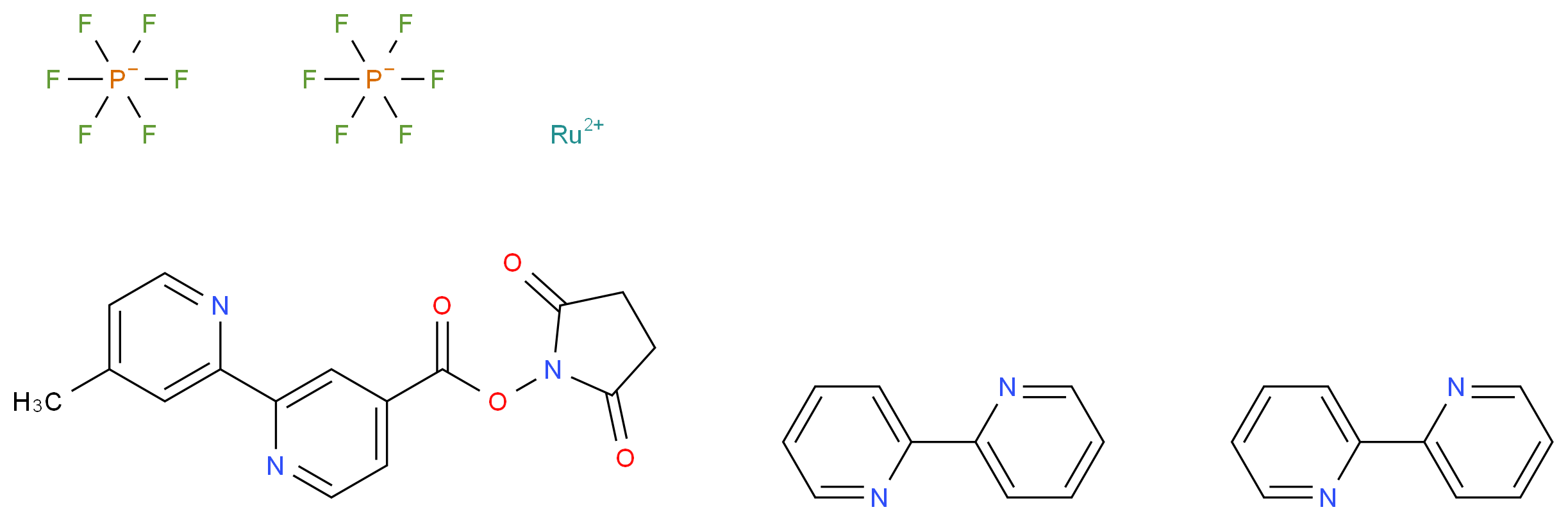 λ<sup>2</sup>-ruthenium(2+) ion bis(2-(pyridin-2-yl)pyridine) bis(hexafluoro-λ<sup>5</sup>-phosphanuide) 2,5-dioxopyrrolidin-1-yl 2-(4-methylpyridin-2-yl)pyridine-4-carboxylate_分子结构_CAS_136724-73-7