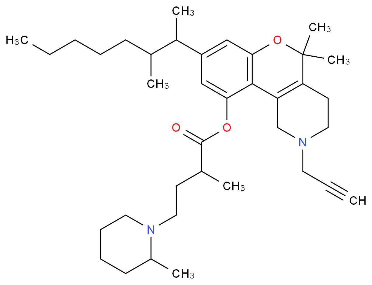 5,5-dimethyl-8-(3-methyloctan-2-yl)-2-(prop-2-yn-1-yl)-1H,2H,3H,4H,5H-chromeno[4,3-c]pyridin-10-yl 2-methyl-4-(2-methylpiperidin-1-yl)butanoate_分子结构_CAS_83784-21-8