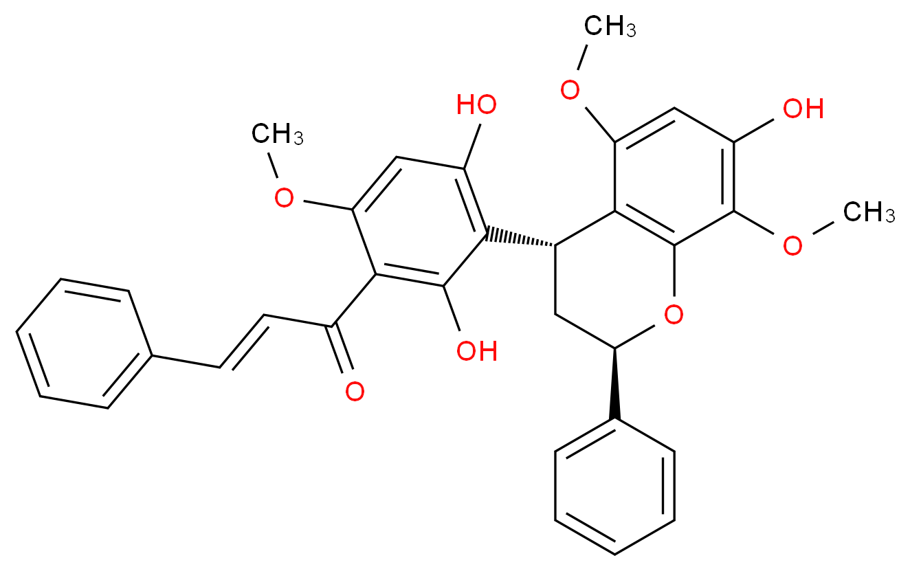 (2E)-1-{2,4-dihydroxy-3-[(2R,4R)-7-hydroxy-5,8-dimethoxy-2-phenyl-3,4-dihydro-2H-1-benzopyran-4-yl]-6-methoxyphenyl}-3-phenylprop-2-en-1-one_分子结构_CAS_1190225-47-8