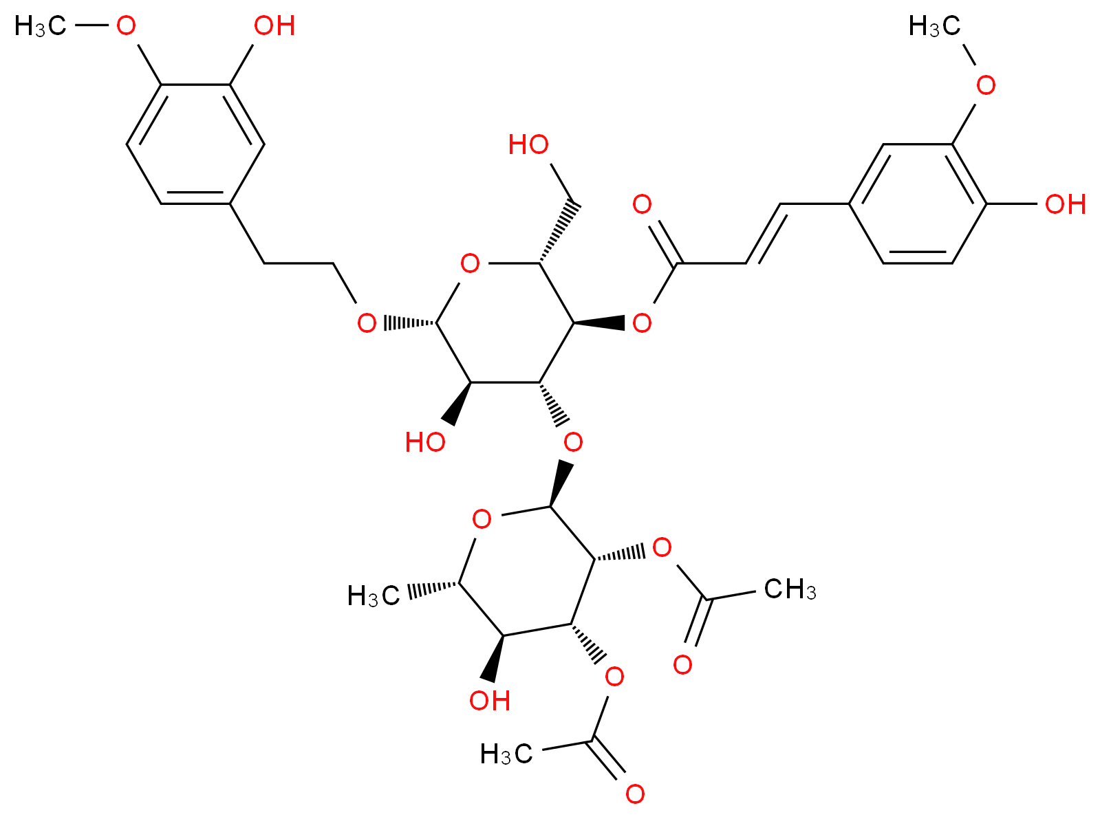 (2R,3R,4R,5R,6R)-4-{[(2S,3R,4R,5S,6S)-3,4-bis(acetyloxy)-5-hydroxy-6-methyloxan-2-yl]oxy}-5-hydroxy-6-[2-(3-hydroxy-4-methoxyphenyl)ethoxy]-2-(hydroxymethyl)oxan-3-yl (2E)-3-(4-hydroxy-3-methoxyphenyl)prop-2-enoate_分子结构_CAS_164022-75-7