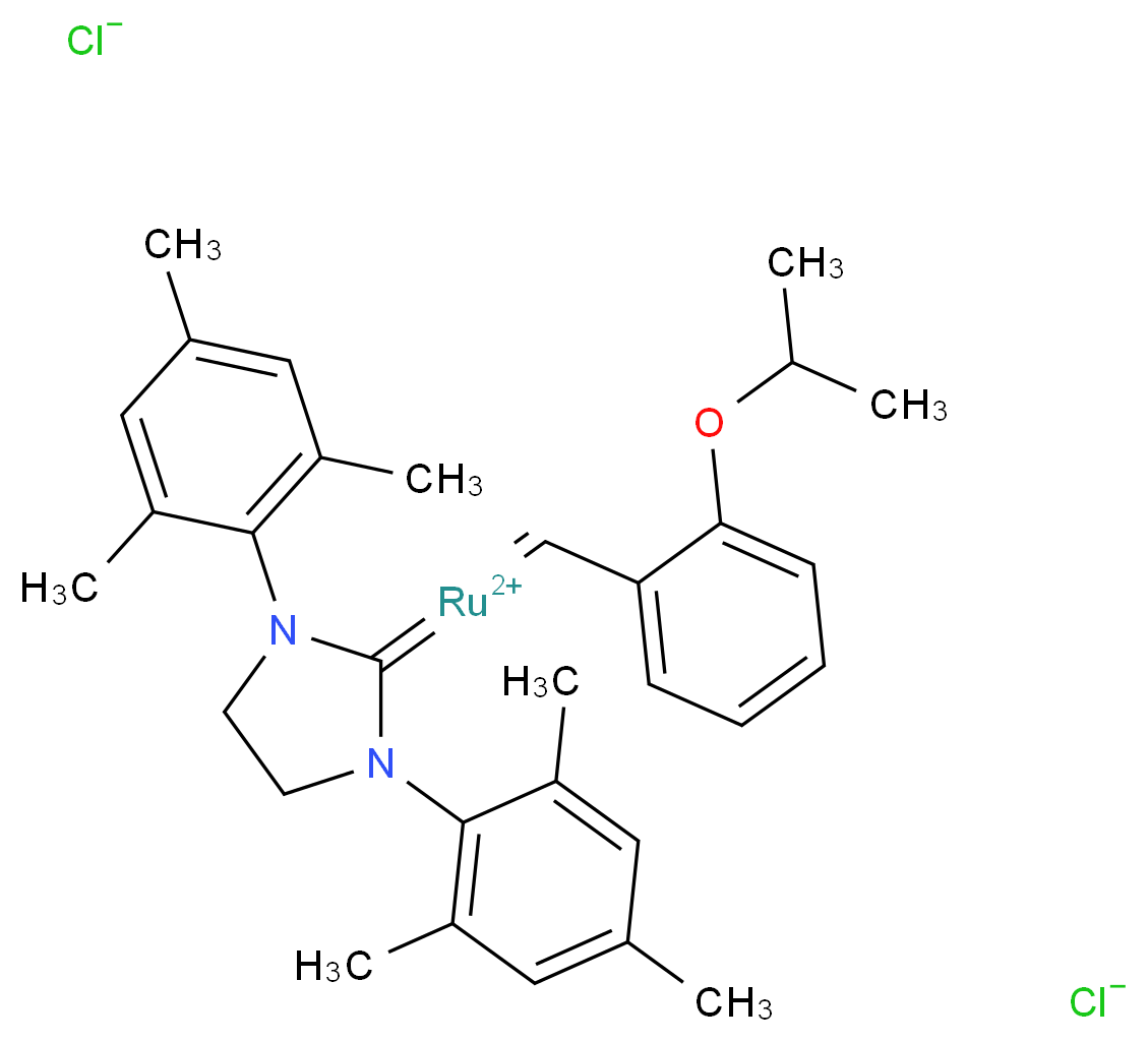 [1,3-bis(2,4,6-trimethylphenyl)imidazolidin-2-ylidene]({[2-(propan-2-yloxy)phenyl]methylidene})rutheniumbis(ylium) dichloride_分子结构_CAS_301224-40-8