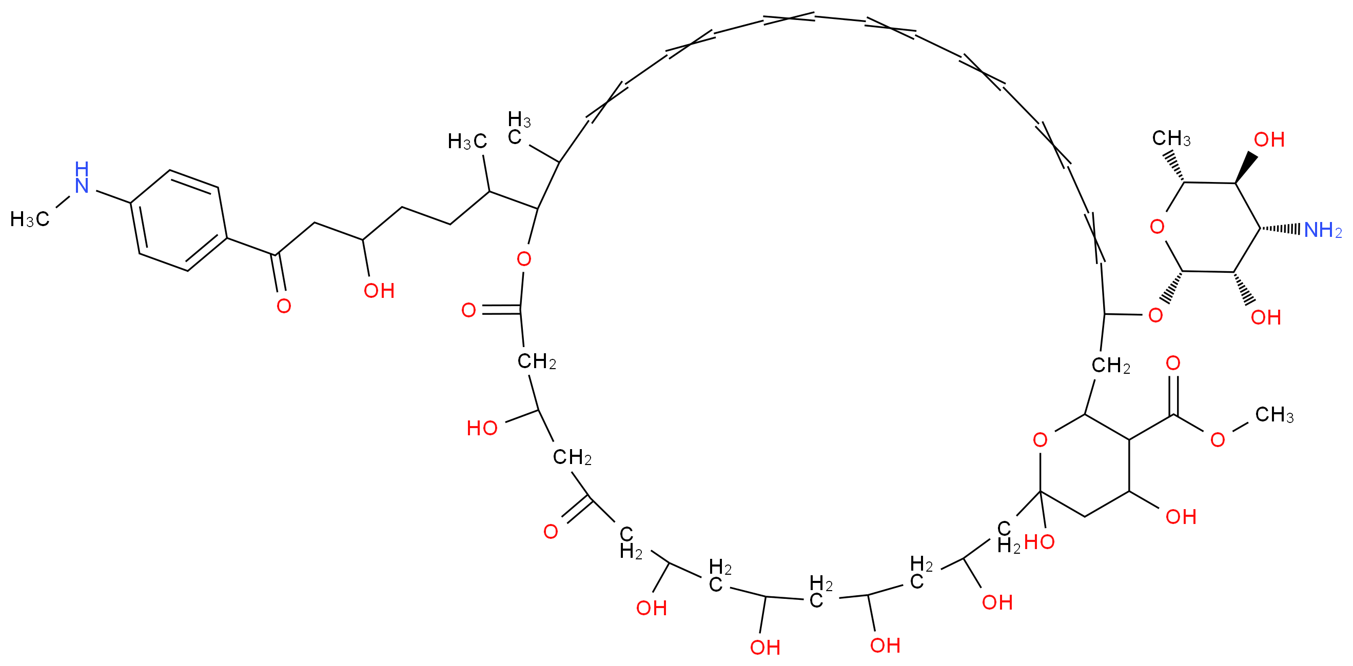 methyl 33-{[(2R,3S,4S,5S,6R)-4-amino-3,5-dihydroxy-6-methyloxan-2-yl]oxy}-1,3,5,7,9,13,37-heptahydroxy-17-{5-hydroxy-7-[4-(methylamino)phenyl]-7-oxoheptan-2-yl}-18-methyl-11,15-dioxo-16,39-dioxabicyclo[33.3.1]nonatriaconta-19,21,23,25,27,29,31-heptaene-36-carboxylate_分子结构_CAS_62534-68-3