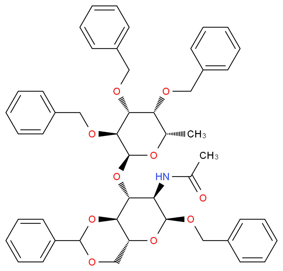 N-[(4aR,6S,7R,8R,8aS)-6-(benzyloxy)-2-phenyl-8-{[(2S,3S,4R,5R,6S)-3,4,5-tris(benzyloxy)-6-methyloxan-2-yl]oxy}-hexahydro-2H-pyrano[3,2-d][1,3]dioxin-7-yl]acetamide_分子结构_CAS_196941-73-8