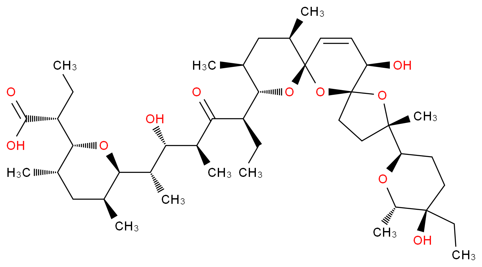 (2R)-2-[(2R,3S,5S,6R)-6-[(2S,3S,4S,6R)-6-[(2S,5S,7R,9S,10S,12R,15R)-2-[(2R,5R,6S)-5-ethyl-5-hydroxy-6-methyloxan-2-yl]-15-hydroxy-2,10,12-trimethyl-1,6,8-trioxadispiro[4.1.5<sup>7</sup>.3<sup>5</sup>]pentadec-13-en-9-yl]-3-hydroxy-4-methyl-5-oxooctan-2-yl]-3,5-dimethyloxan-2-yl]butanoic acid_分子结构_CAS_55134-13-9