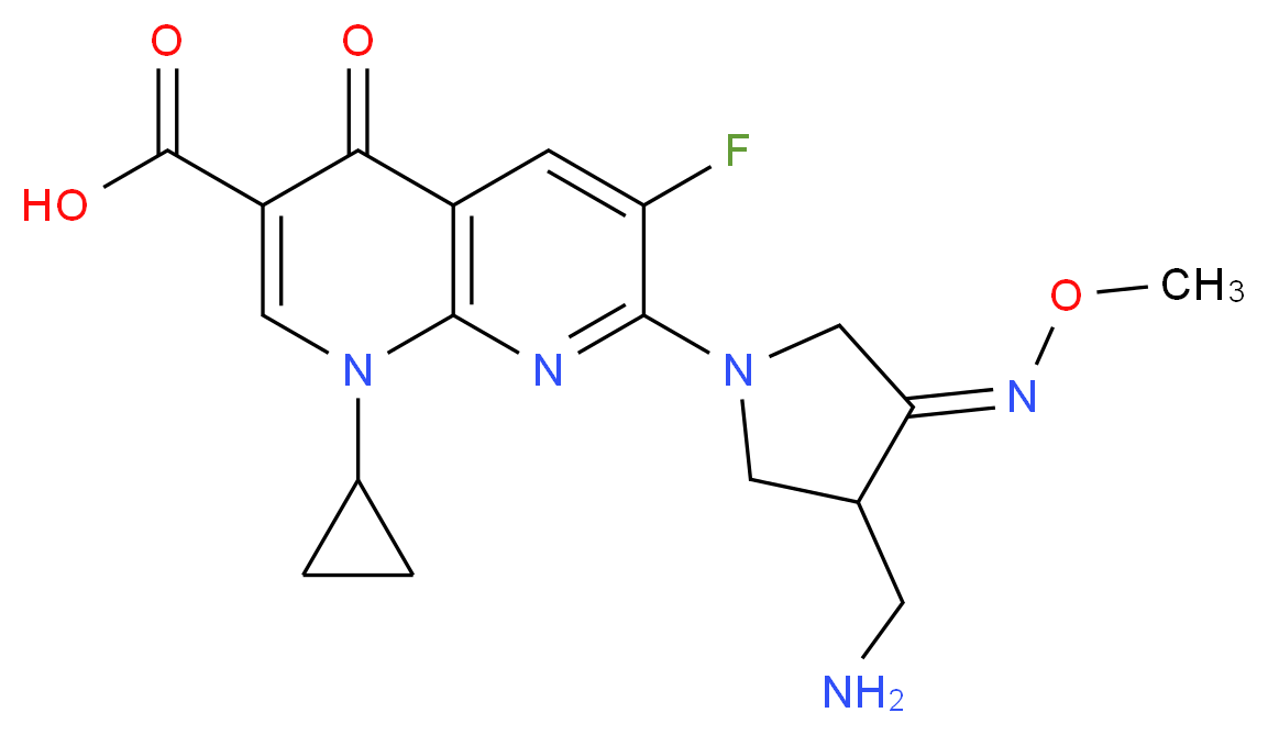 7-[(4Z)-3-(aminomethyl)-4-(methoxyimino)pyrrolidin-1-yl]-1-cyclopropyl-6-fluoro-4-oxo-1,4-dihydro-1,8-naphthyridine-3-carboxylic acid_分子结构_CAS_175463-14-6