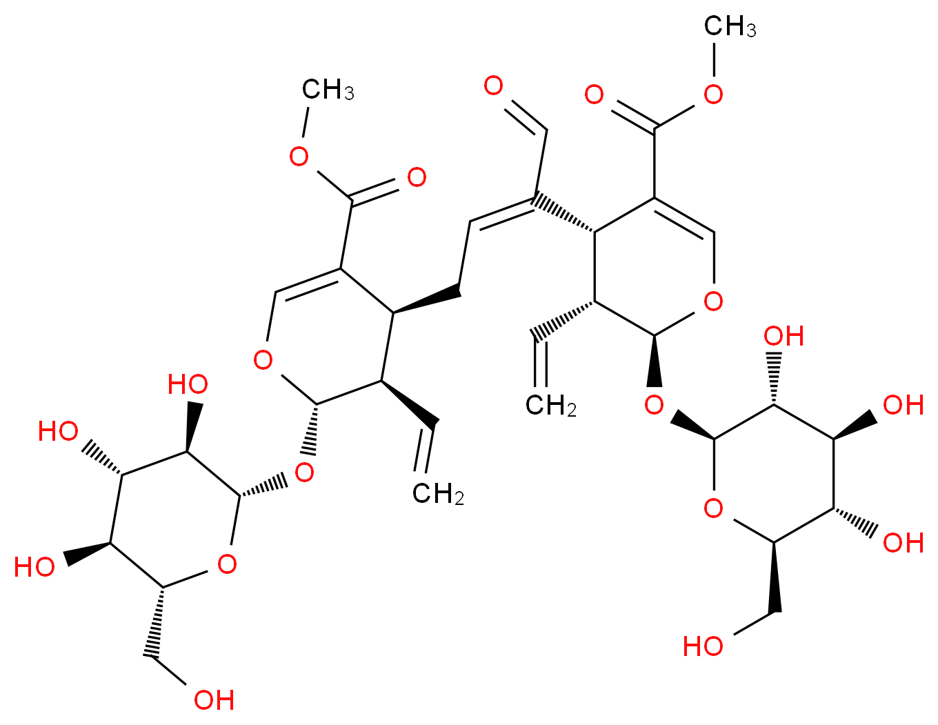 methyl (2S,3R,4S)-3-ethenyl-4-[(2E)-3-[(2S,3R,4R)-3-ethenyl-5-(methoxycarbonyl)-2-{[(2S,3R,4S,5S,6R)-3,4,5-trihydroxy-6-(hydroxymethyl)oxan-2-yl]oxy}-3,4-dihydro-2H-pyran-4-yl]-4-oxobut-2-en-1-yl]-2-{[(2S,3R,4S,5S,6R)-3,4,5-trihydroxy-6-(hydroxymethyl)oxan-2-yl]oxy}-3,4-dihydro-2H-pyran-5-carboxylate_分子结构_CAS_471271-55-3